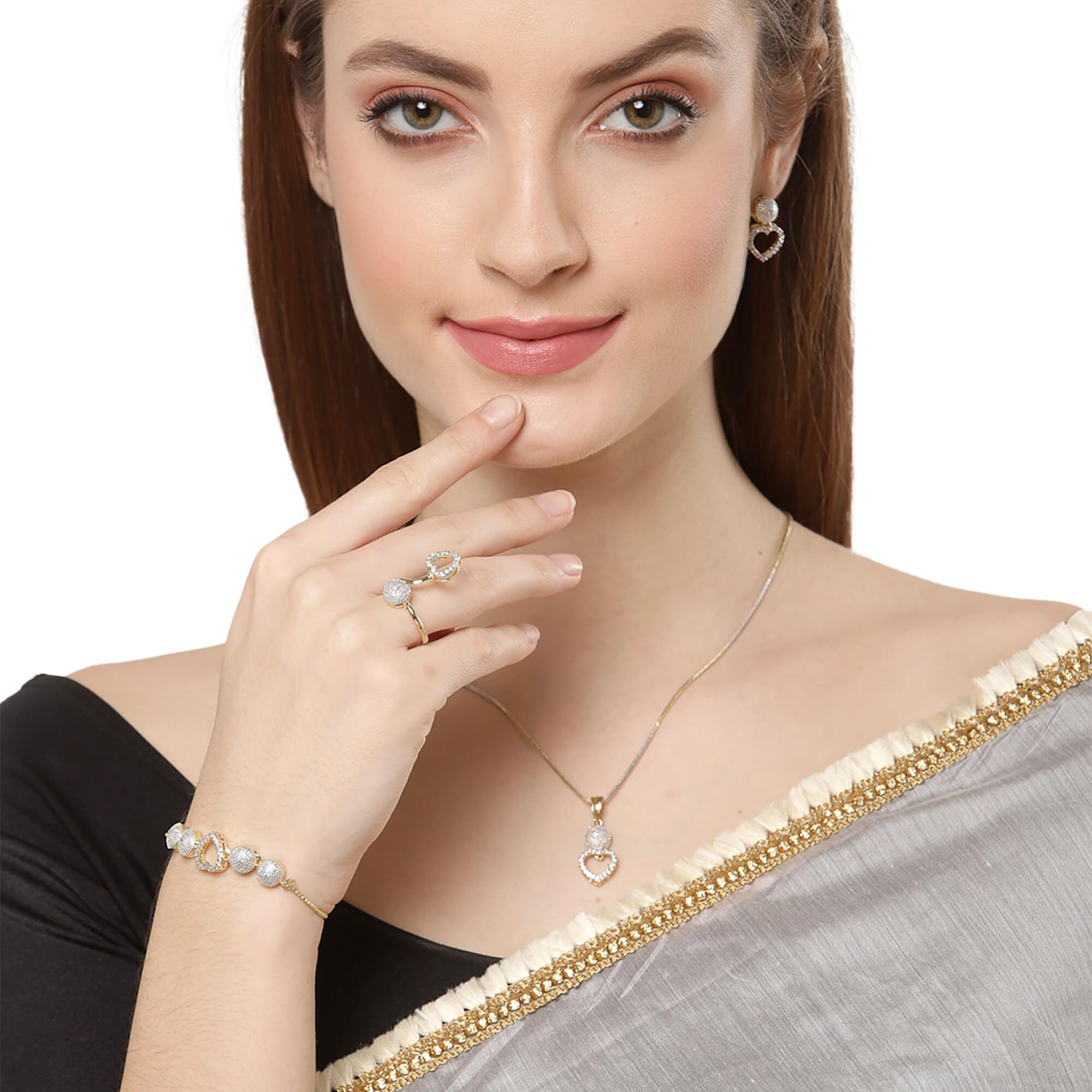 ZENEME Jewellery Set American Diamond Heart Shaped Necklace Set with Earrings, Bracelet and Ring Jewellery for Girls and Women