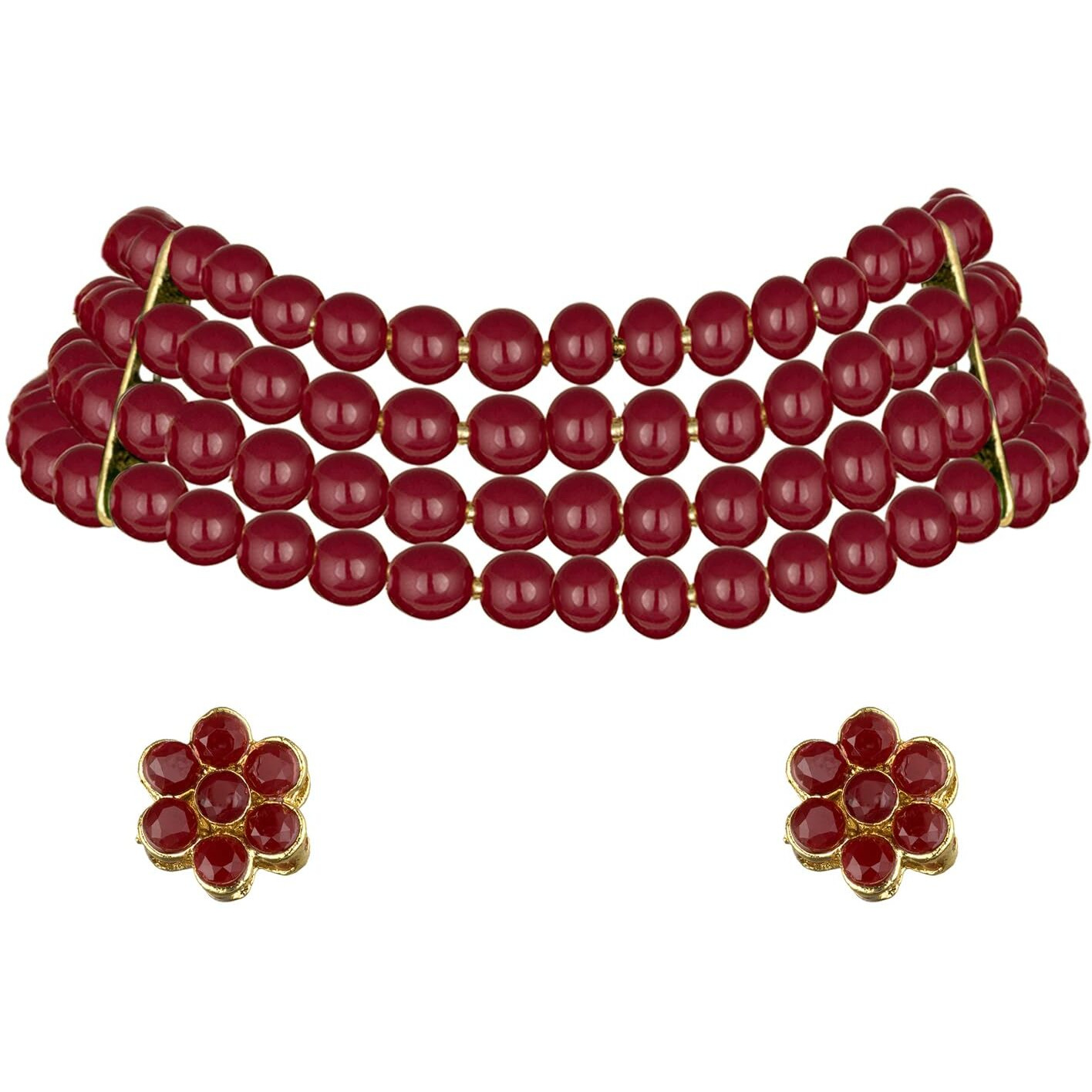 Peora Gold Plated Maroon Pearl Beaded Choker Necklace with Stud Earrings for Women Traditional Stylish Jewellery Set (Maroon)
