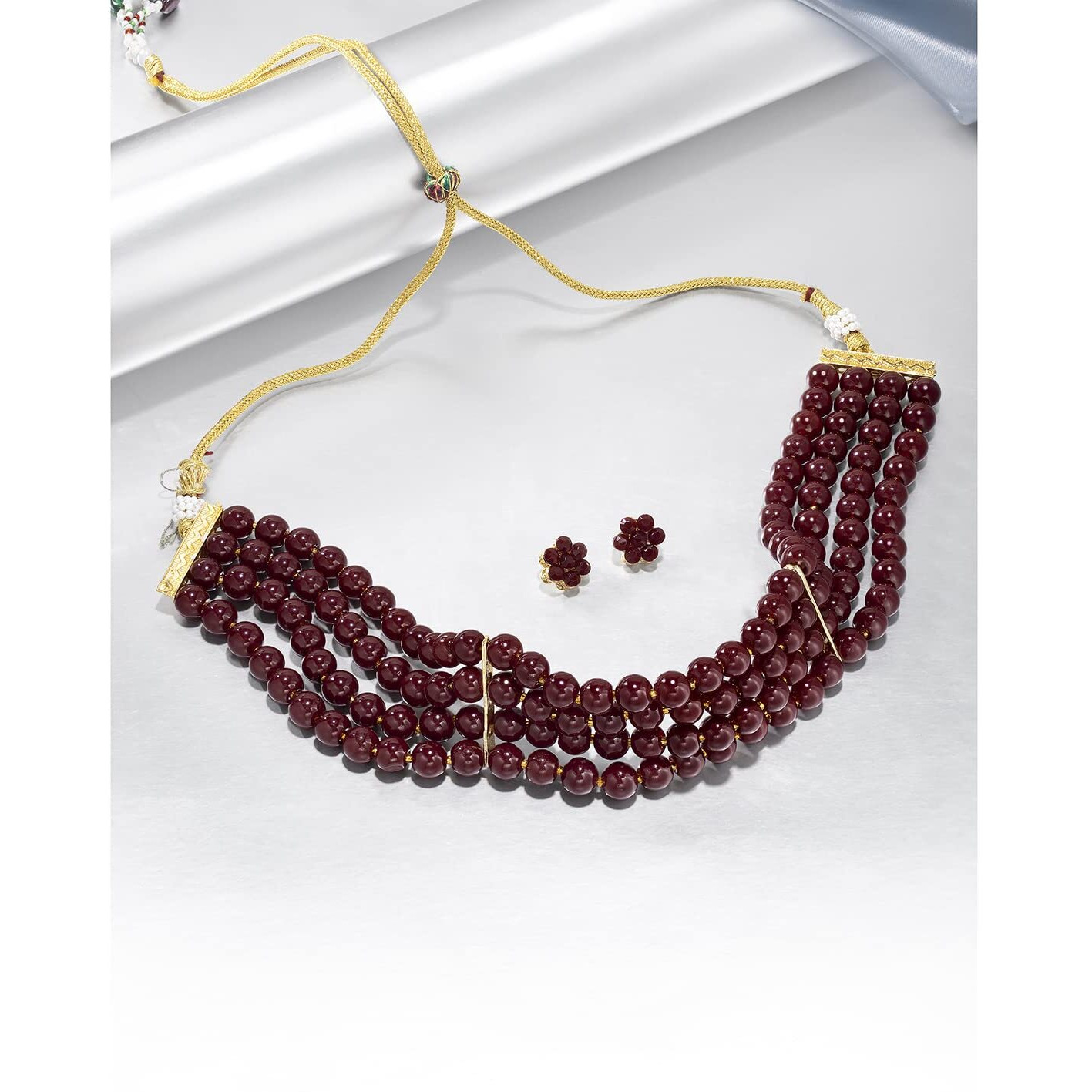 Peora Gold Plated Maroon Pearl Beaded Choker Necklace with Stud Earrings for Women Traditional Stylish Jewellery Set (Maroon)
