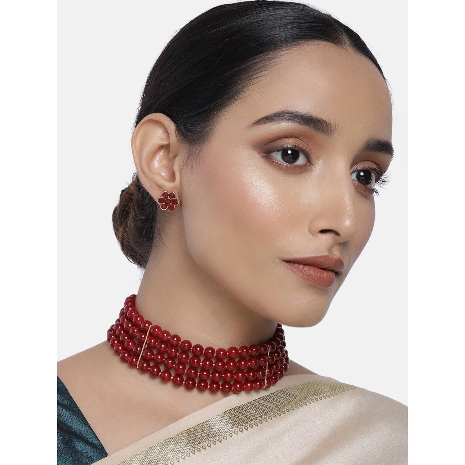 Peora Gold Plated Maroon Pearl Beaded Choker Necklace with Stud Earrings for Women Traditional Stylish Jewellery Set (Maroon)