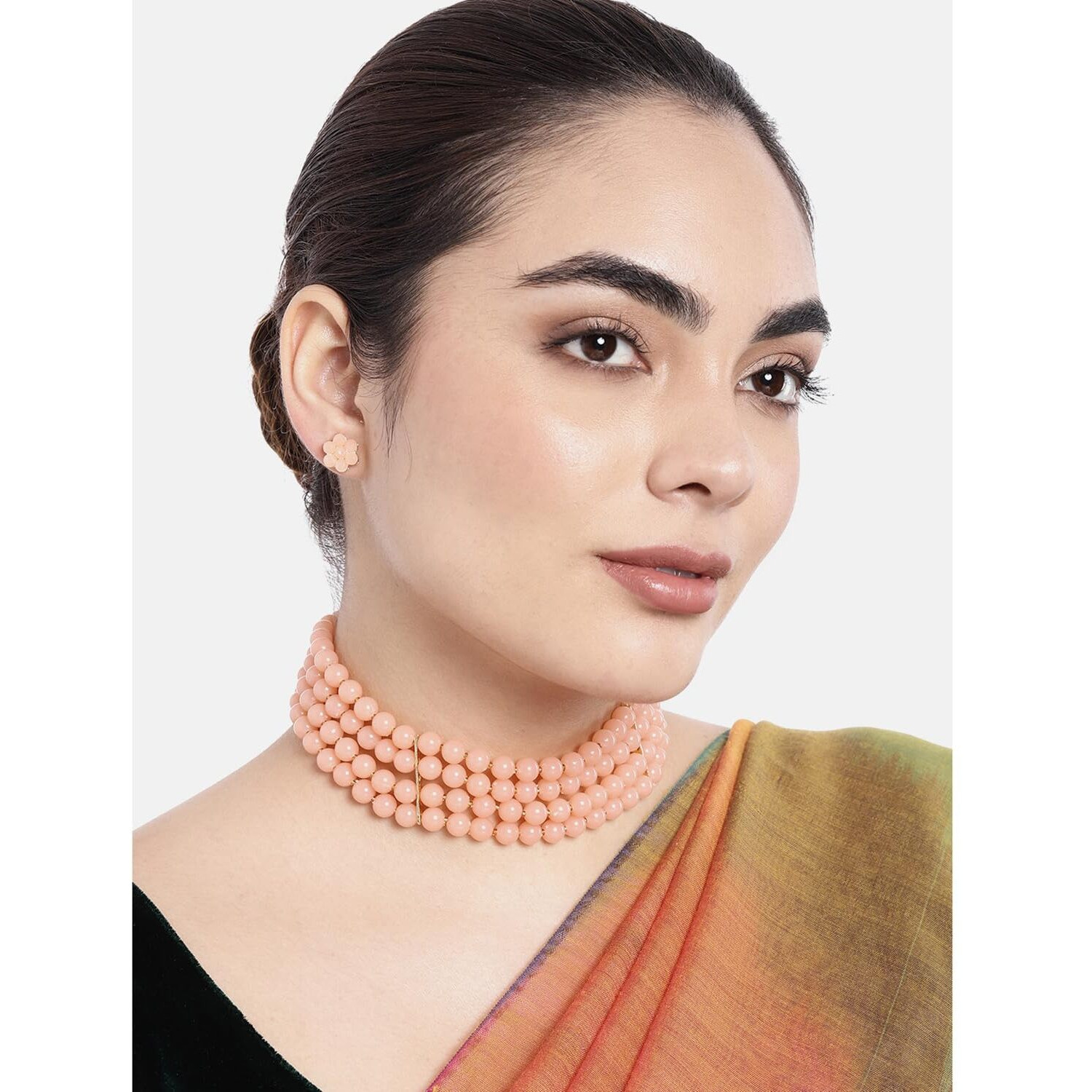 Peora Faux Pearl Beaded Choker Necklace with Stud Earrings Traditional Jewellery Set For Women & Girls (Peach)