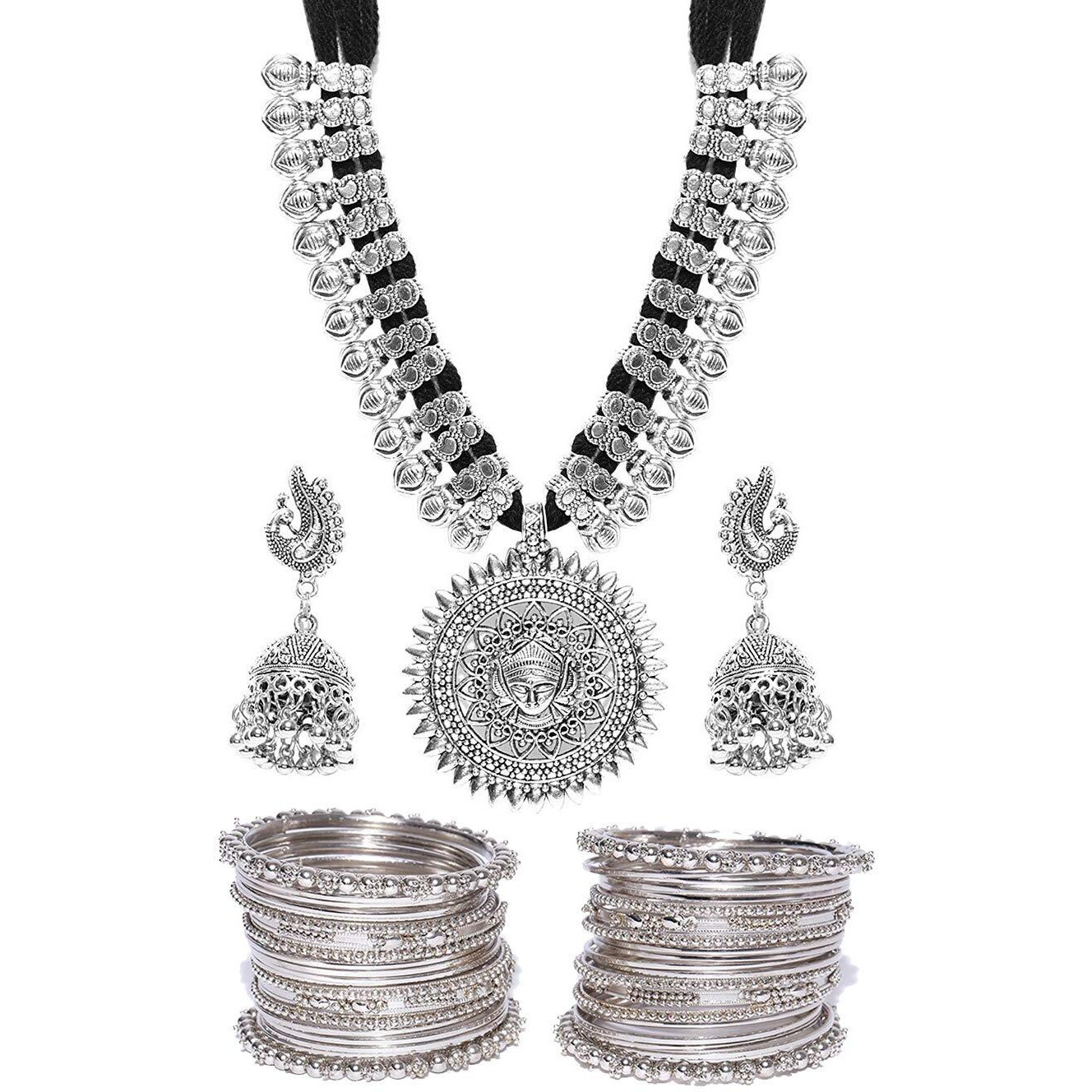 YouBella Oxidised Jewellery Sets for Women Silver Plated Afghani Tribal Necklace Jewellery set with Earrings and Bangles Combo For Girls/Women (2.4)
