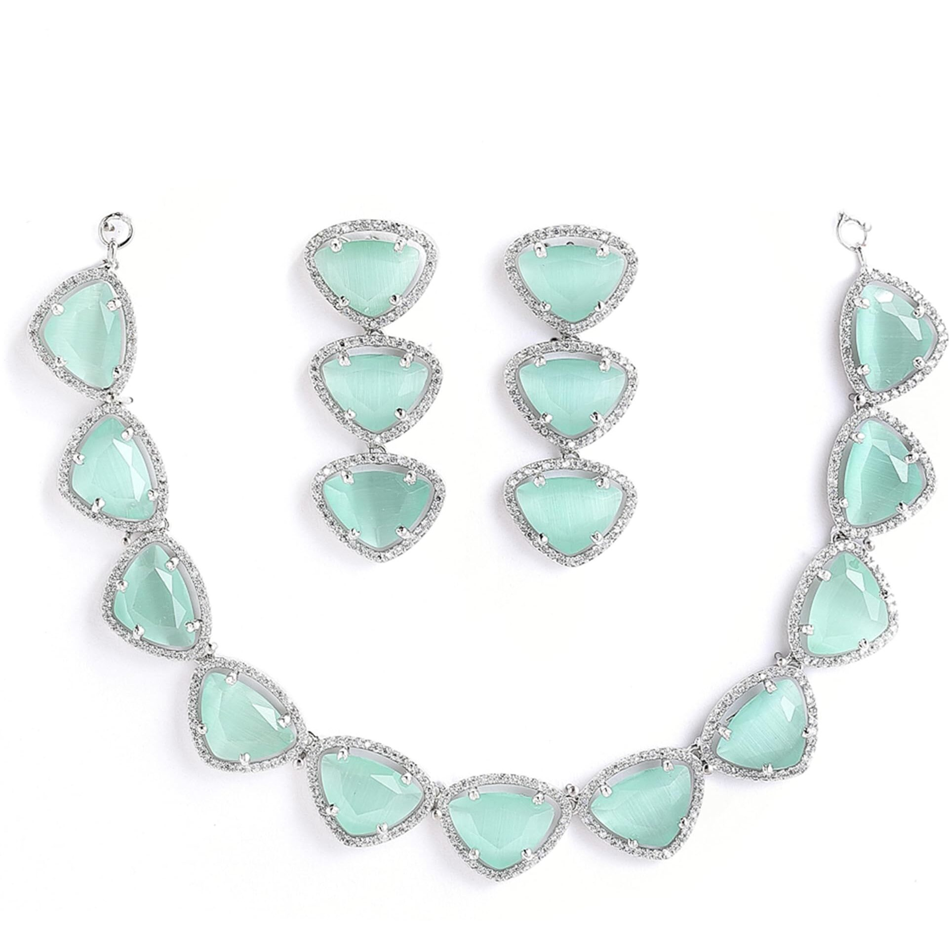 ZENEME Rhodium Plated Silver Toned Triangular Shaped American Diamond Studded Jewellery Set For Women and Girl (Sea Green_Design_01)
