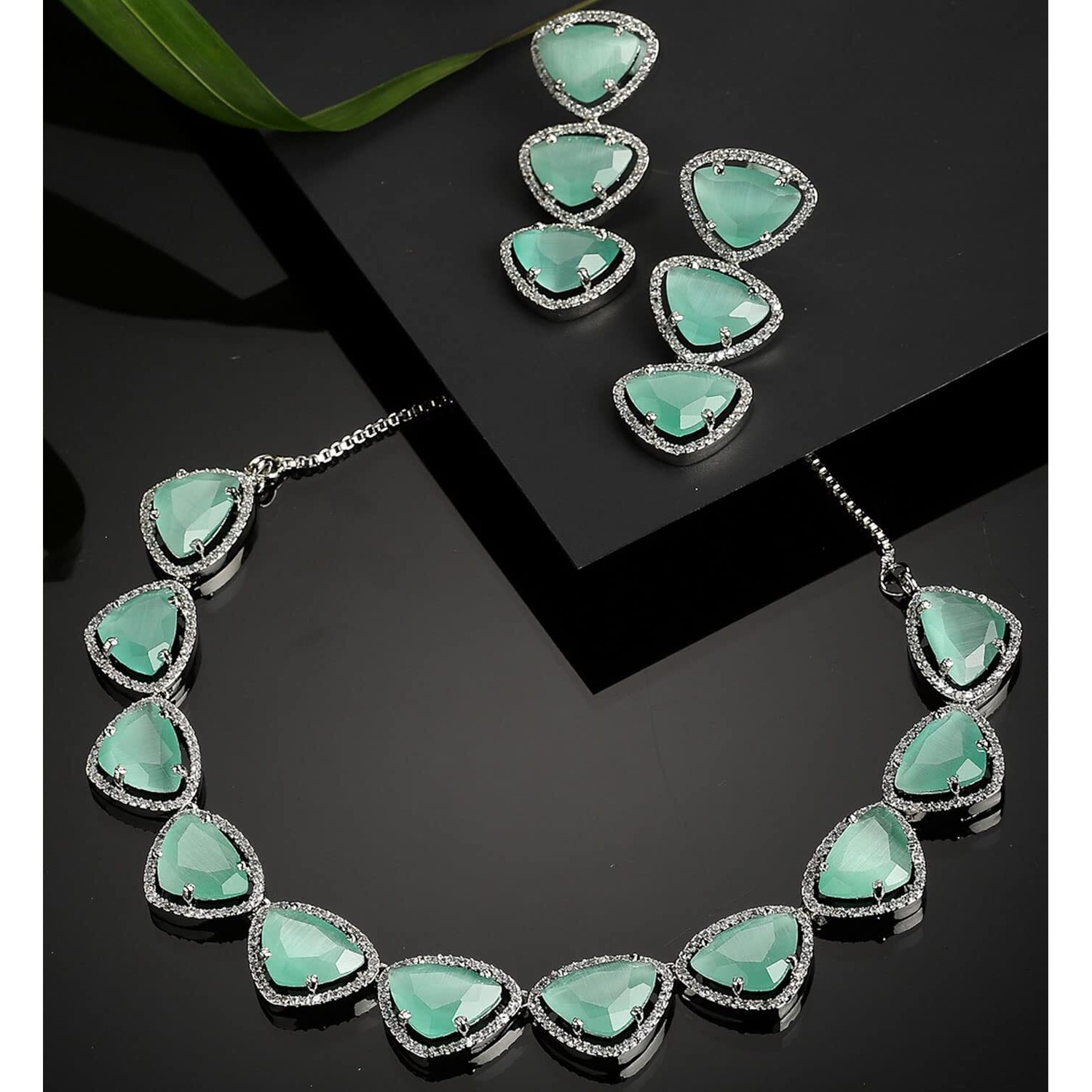 ZENEME Rhodium Plated Silver Toned Triangular Shaped American Diamond Studded Jewellery Set For Women and Girl (Sea Green_Design_01)
