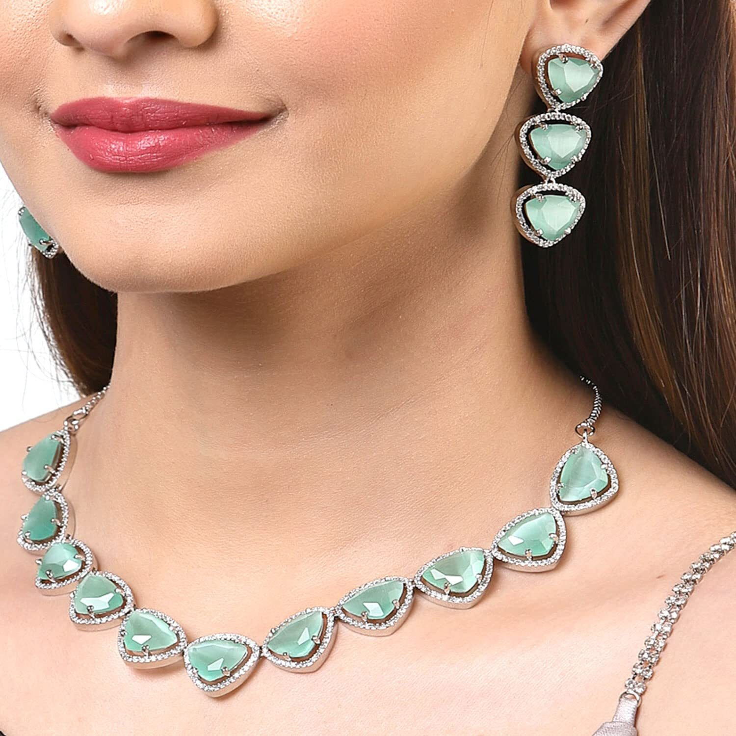 ZENEME Rhodium Plated Silver Toned Triangular Shaped American Diamond Studded Jewellery Set For Women and Girl (Sea Green_Design_01)