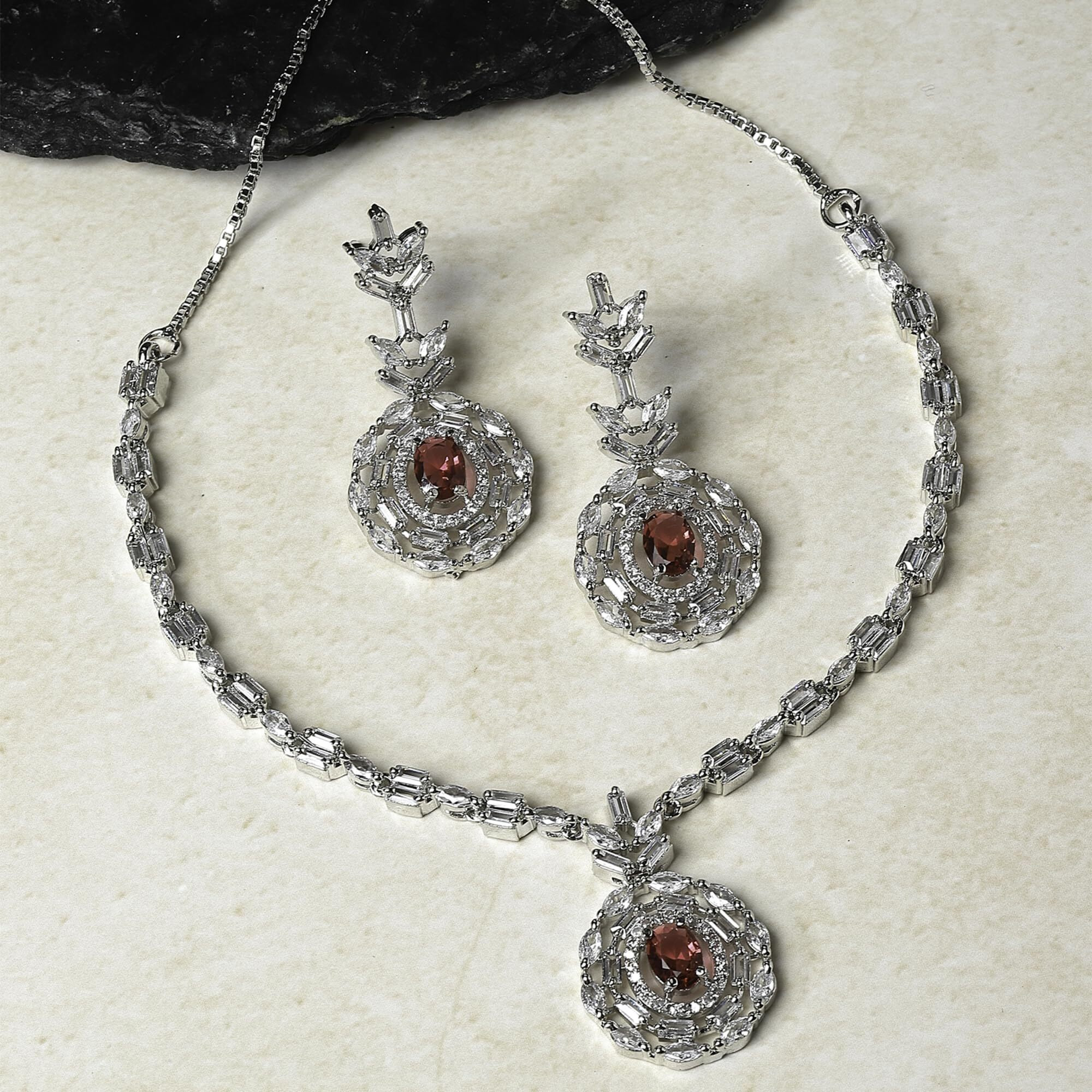 ZENEME Rhodium-Plated Silver Toned Square & Circular Shaped American Diamond Studded Necklace with Earring Jewellery Set for Girls and Women (Red)