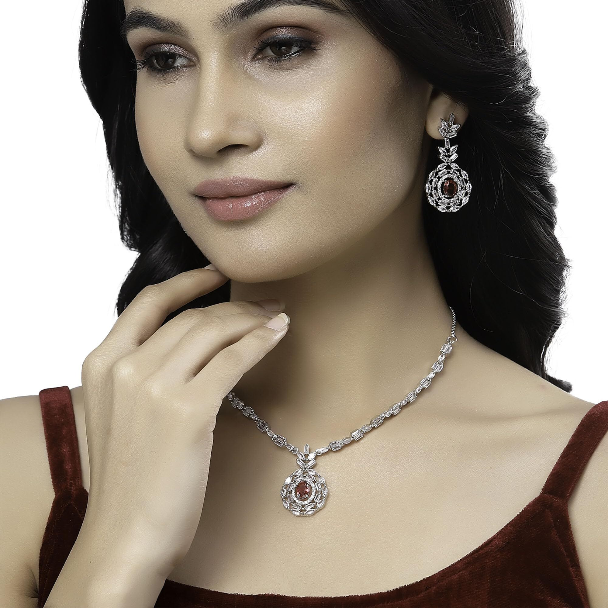 ZENEME Rhodium-Plated Silver Toned Square & Circular Shaped American Diamond Studded Necklace with Earring Jewellery Set for Girls and Women (Red)