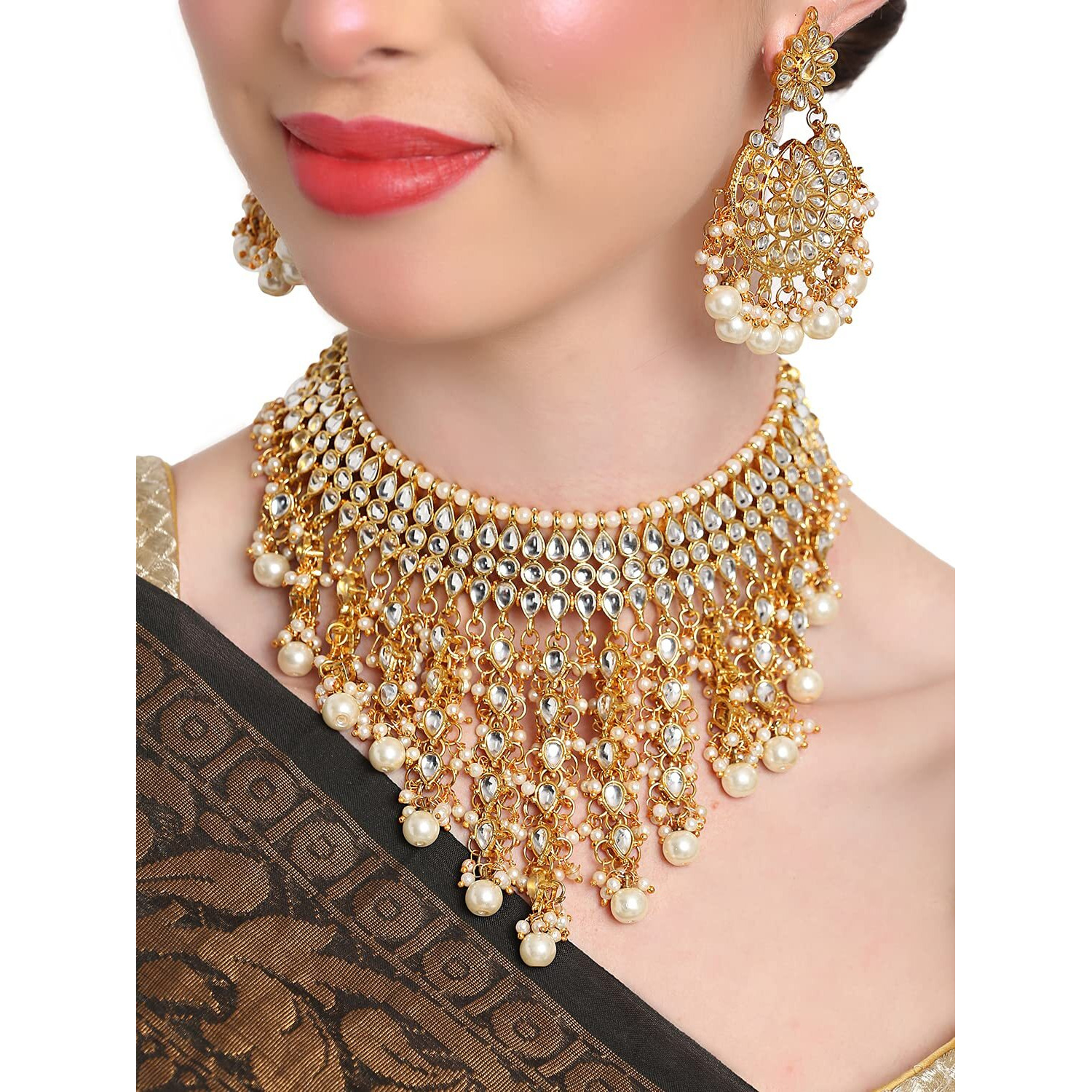 Shining Diva Fashion Latest Stylish Choker Traditional Pearl Kundan Necklace Jewellery Set for Women (White)(12269s), One