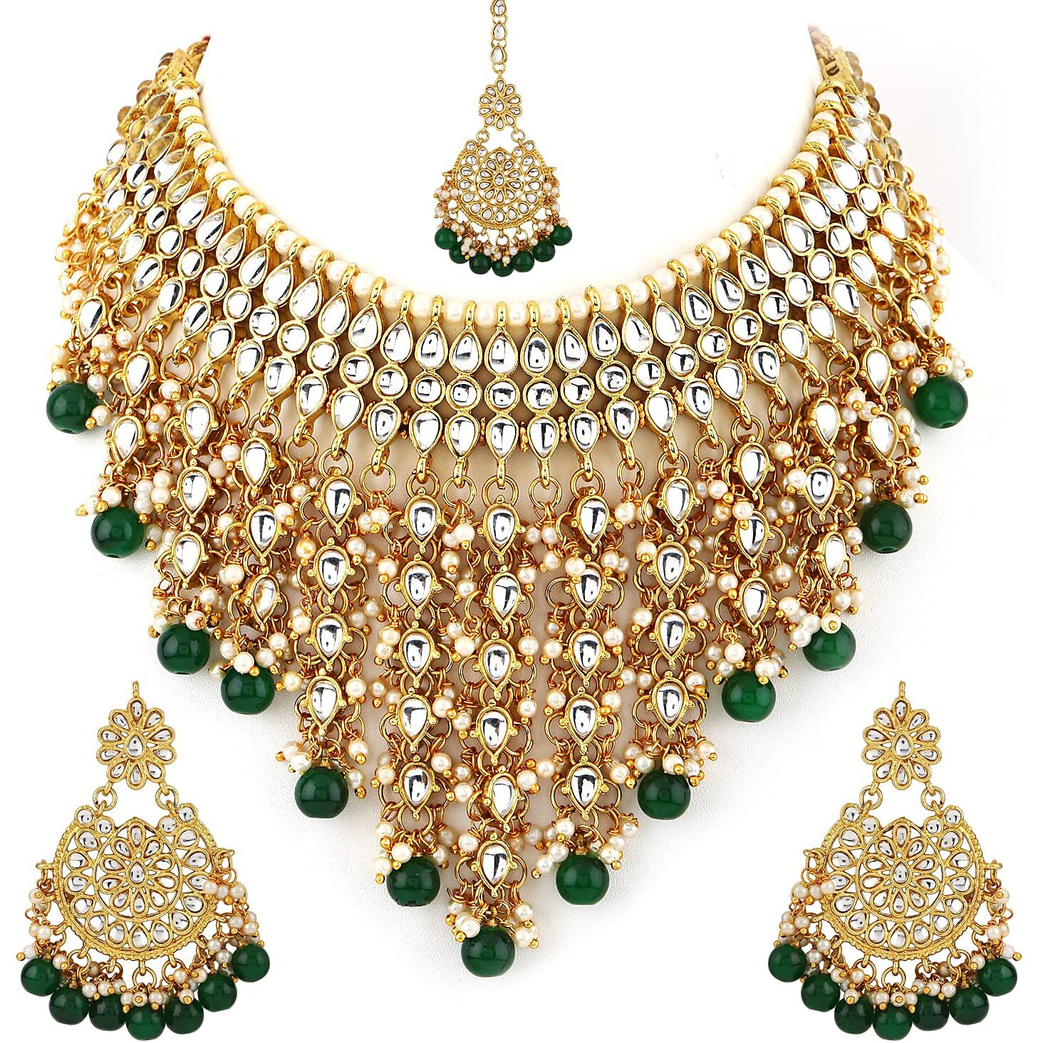 Shining Diva Fashion Latest Stylish Choker Traditional Pearl Kundan Necklace Jewellery Set for Women (Geen)(12270s), One