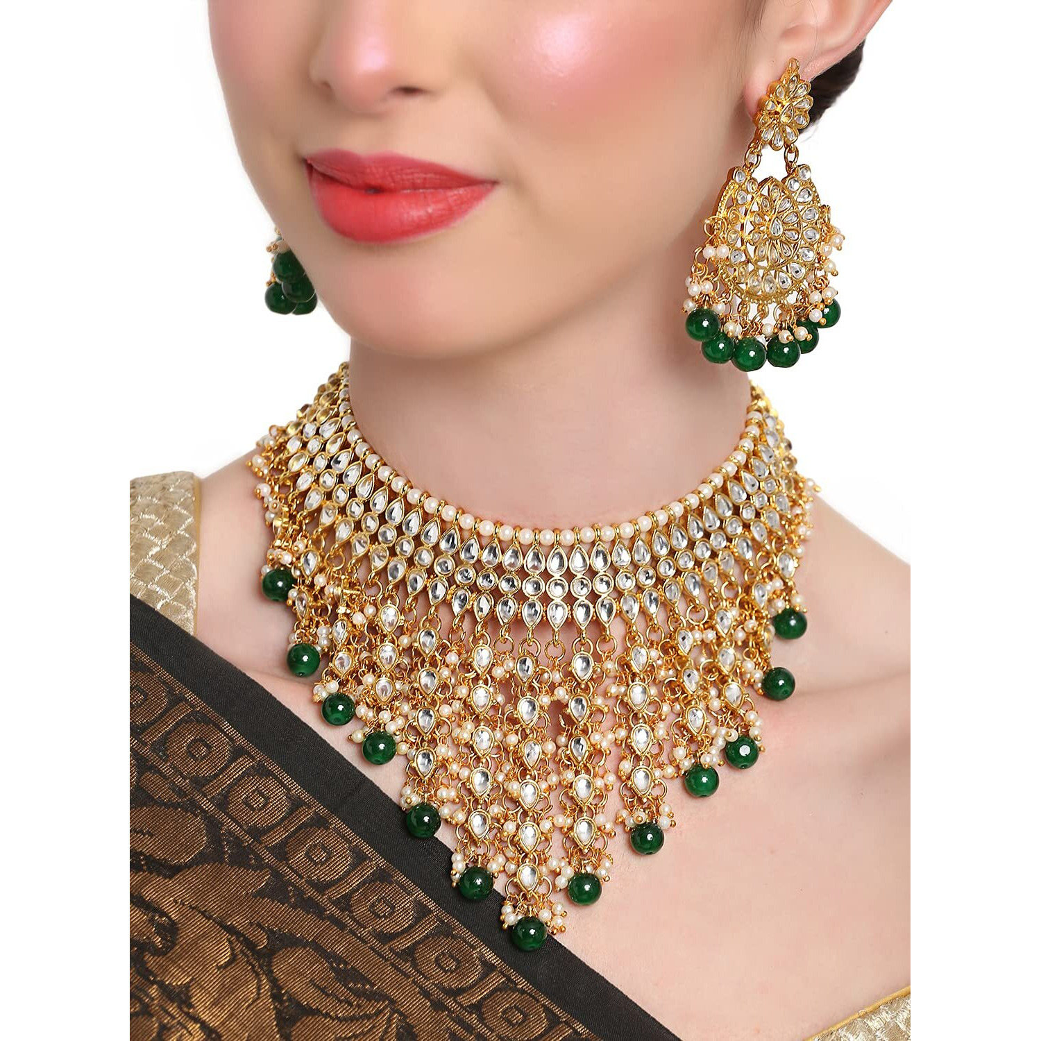 Shining Diva Fashion Latest Stylish Choker Traditional Pearl Kundan Necklace Jewellery Set for Women (Geen)(12270s), One