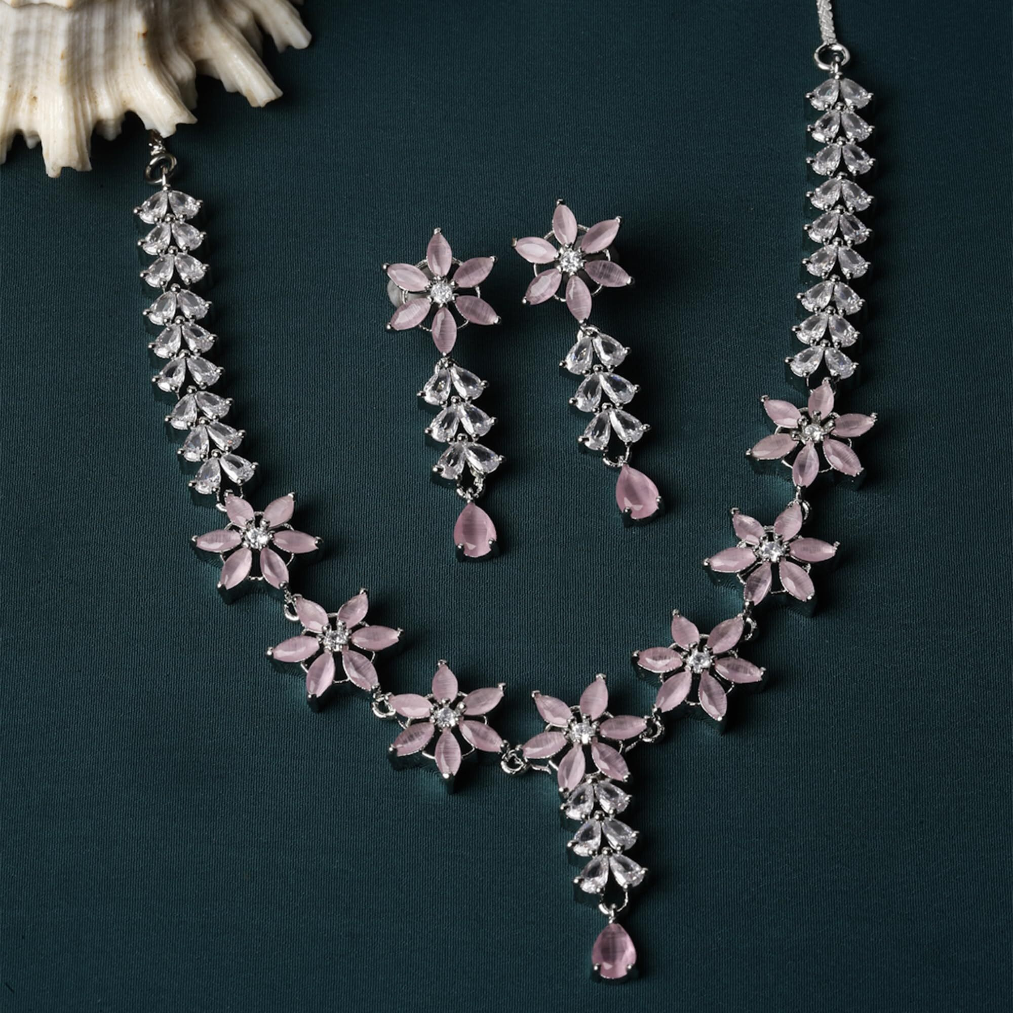 ZENEME Rhodium-Plated Silver Toned Star Shaped American Diamond Studded Necklace Earrings Jewellery Set for Girls and Women (Pink_Design_01)