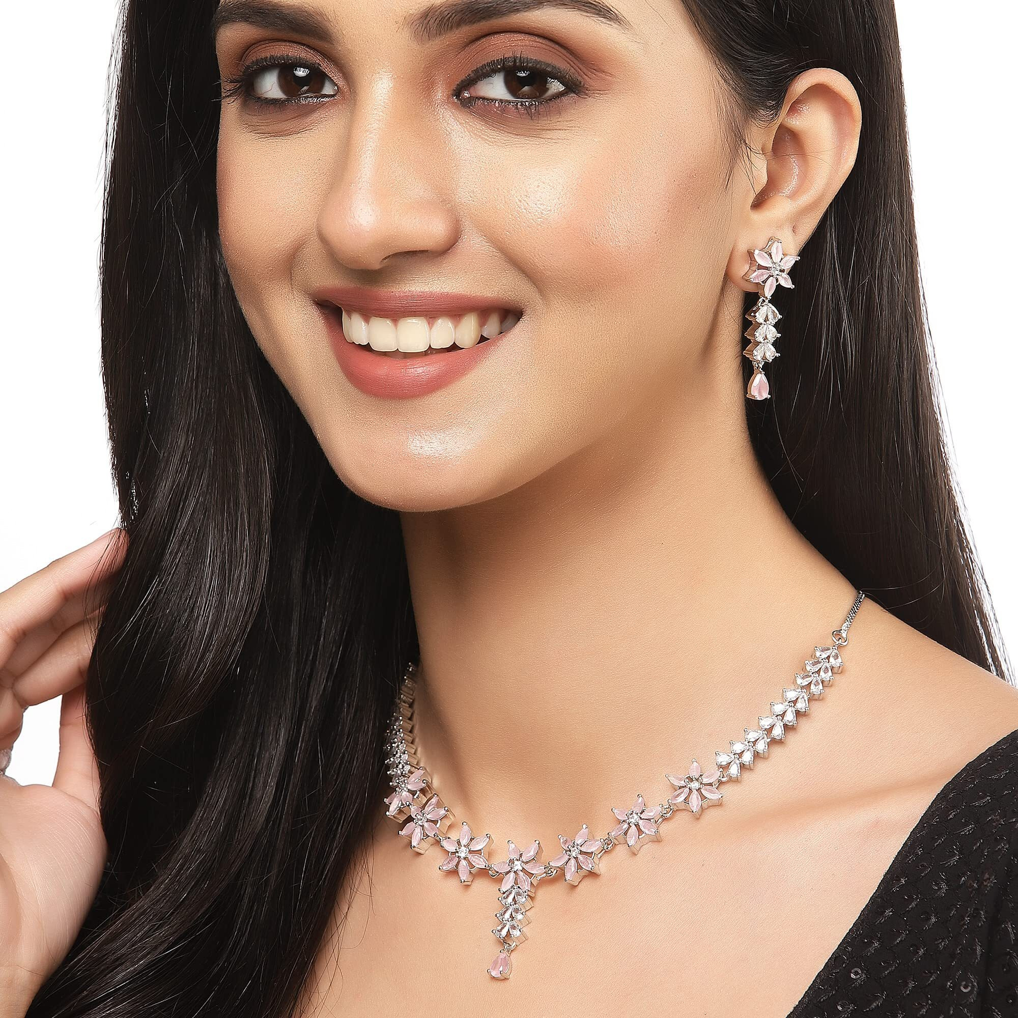 ZENEME Rhodium-Plated Silver Toned Star Shaped American Diamond Studded Necklace Earrings Jewellery Set for Girls and Women (Pink_Design_01)