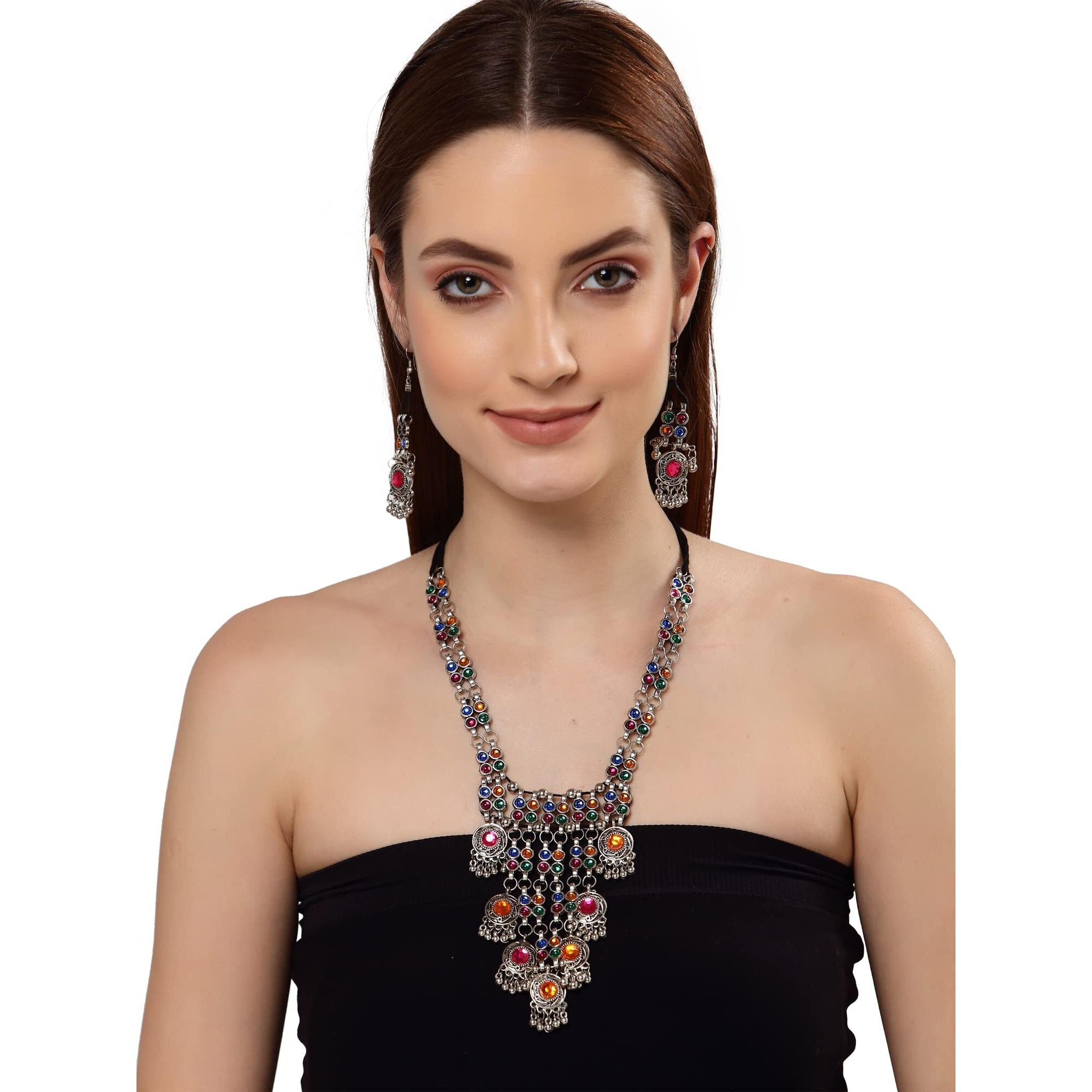 Shining Diva Fashion Latest Stylish Traditional Oxidised Silver Necklace Jewellery Set for Women (13110s)