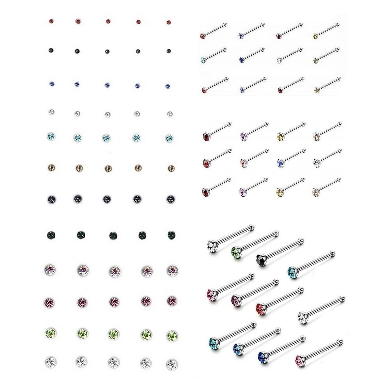 VAMA FASHIONS Body Piercing Jewelry Hole Nose Hoop Ring Multicolor Sterling Nose pin Studs for Women & Girls (60 Pcs - 1.5/2.5 / 3mm)