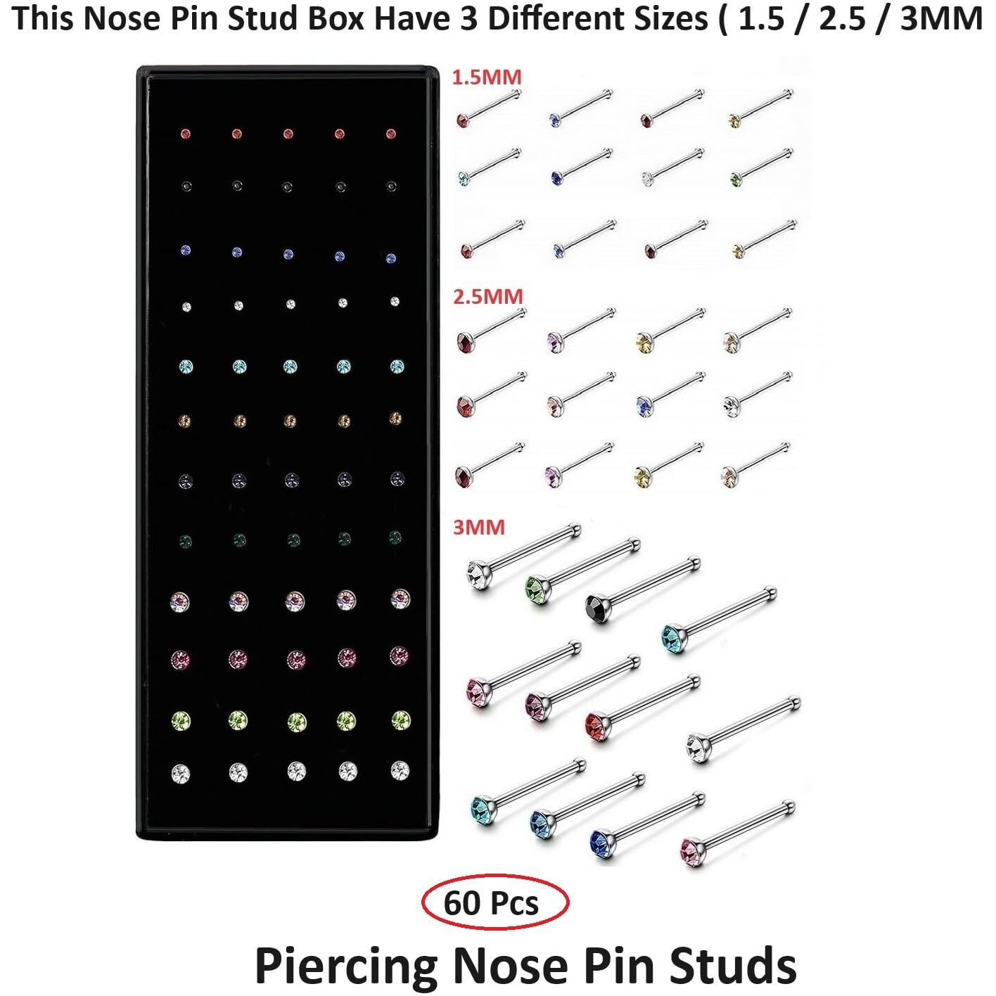 VAMA FASHIONS Body Piercing Jewelry Hole Nose Hoop Ring Multicolor Sterling Nose pin Studs for Women & Girls (60 Pcs - 1.5/2.5 / 3mm)