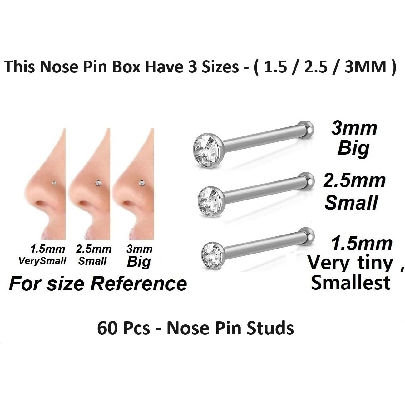 VAMA FASHIONS Body Piercing Jewelry Hole Nose Hoop Ring Multicolor Sterling Nose pin Studs for Women & Girls (60 Pcs - 1.5/2.5 / 3mm)