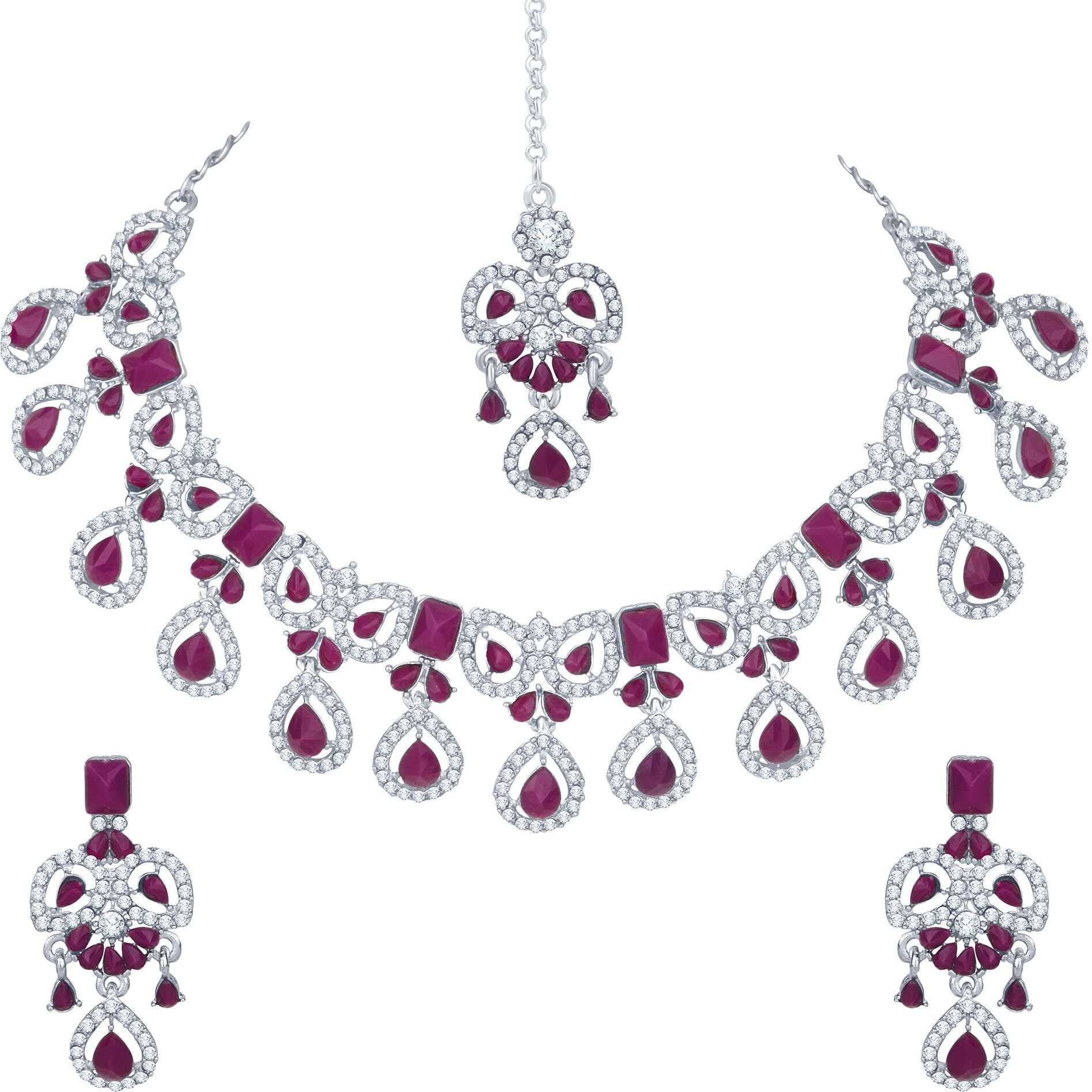 Atasi International Silver Plated Purple Crystal Diamond Necklace with Earrings and Maang Tikka for Women - Jewellery Set for Party, Wedding, Engagement (RPU5745)