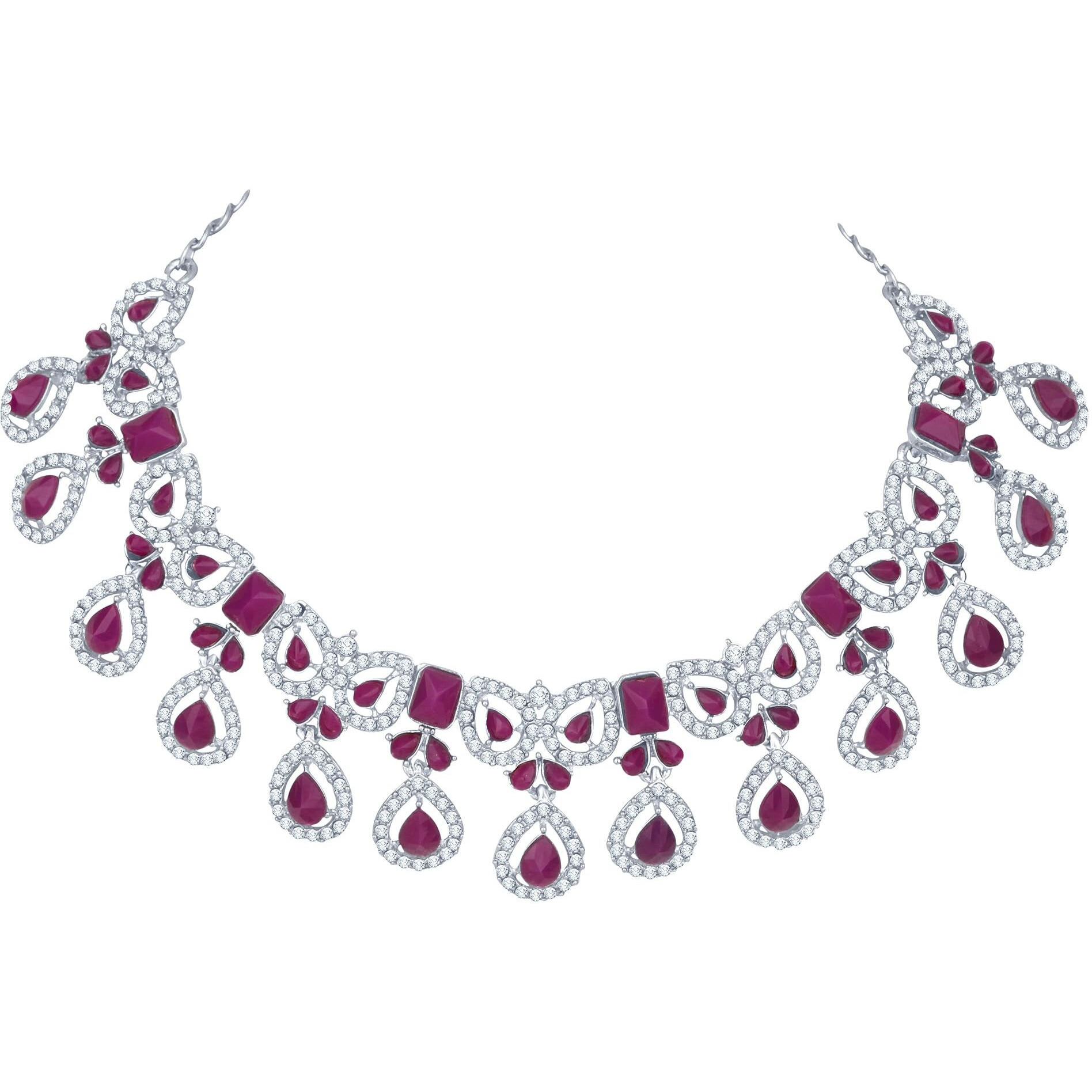 Atasi International Silver Plated Purple Crystal Diamond Necklace with Earrings and Maang Tikka for Women - Jewellery Set for Party, Wedding, Engagement (RPU5745)