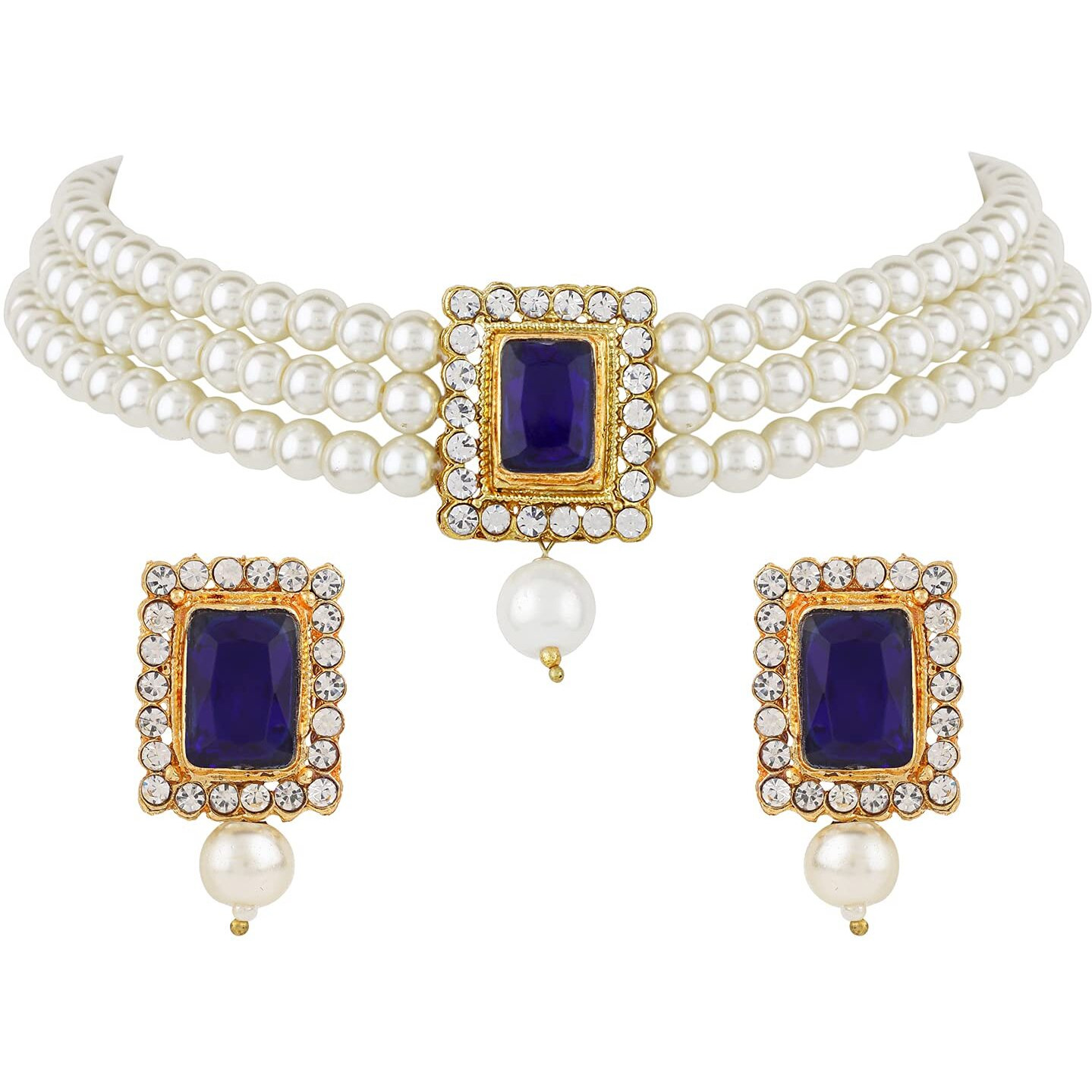 Shining Diva Fashion Latest Stylish Choker Traditional Pearl Necklace Jewellery Set for Women (Blue)(A12687s), One