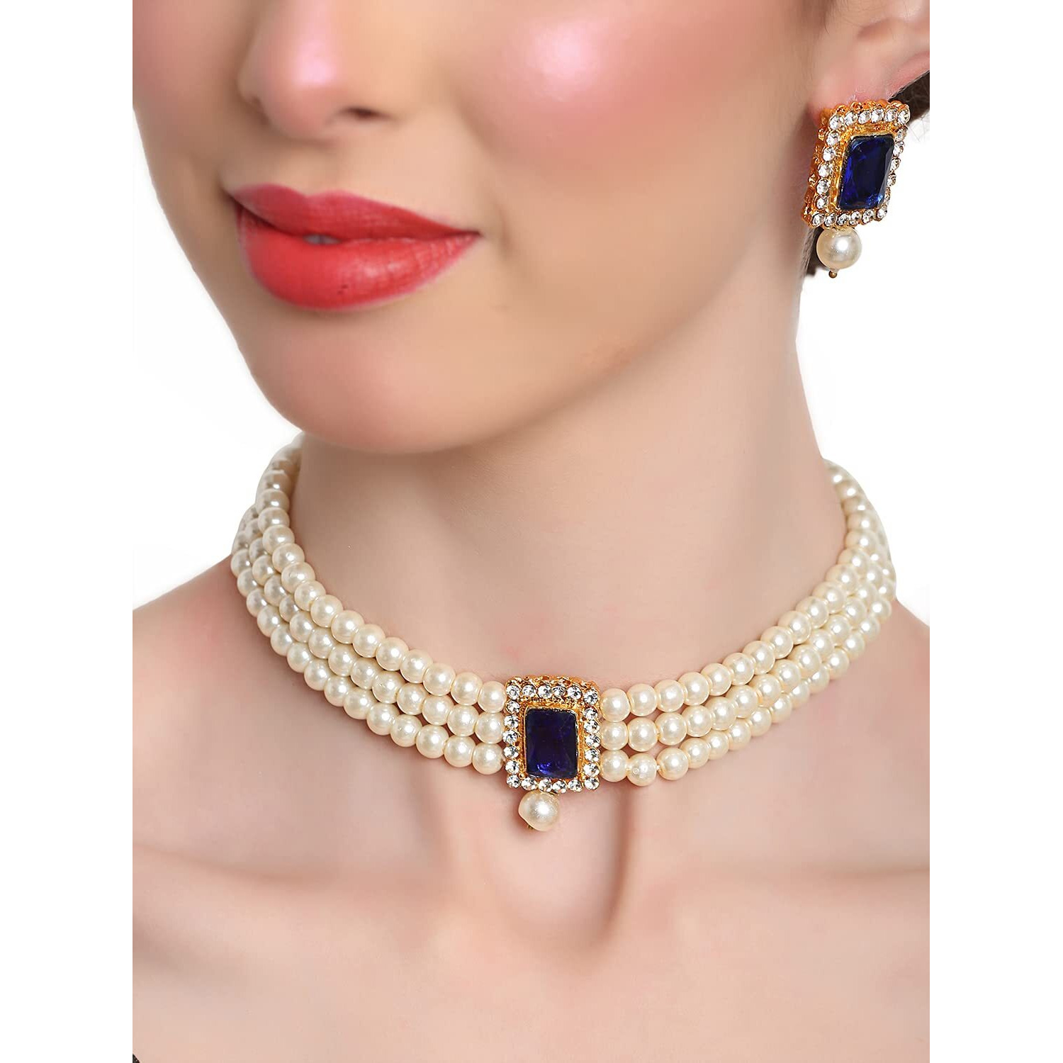 Shining Diva Fashion Latest Stylish Choker Traditional Pearl Necklace Jewellery Set for Women (Blue)(A12687s), One