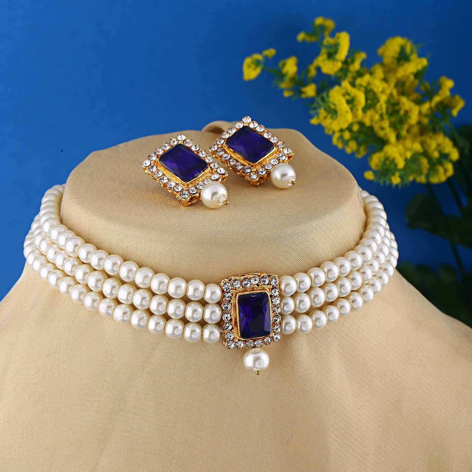 Shining Diva Fashion Latest Stylish Choker Traditional Pearl Necklace Jewellery Set for Women (Blue)(A12687s), One