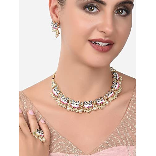 ZAVERI PEARLS Blue & Pink Meenakari Lotus Design Choker Necklace Earring & Ring Set For Women-ZPFK14435