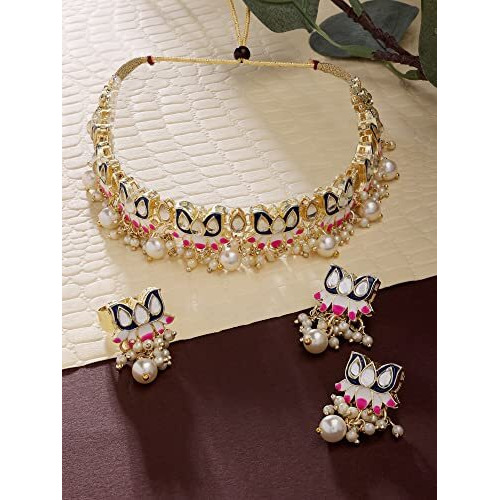 ZAVERI PEARLS Blue & Pink Meenakari Lotus Design Choker Necklace Earring & Ring Set For Women-ZPFK14435