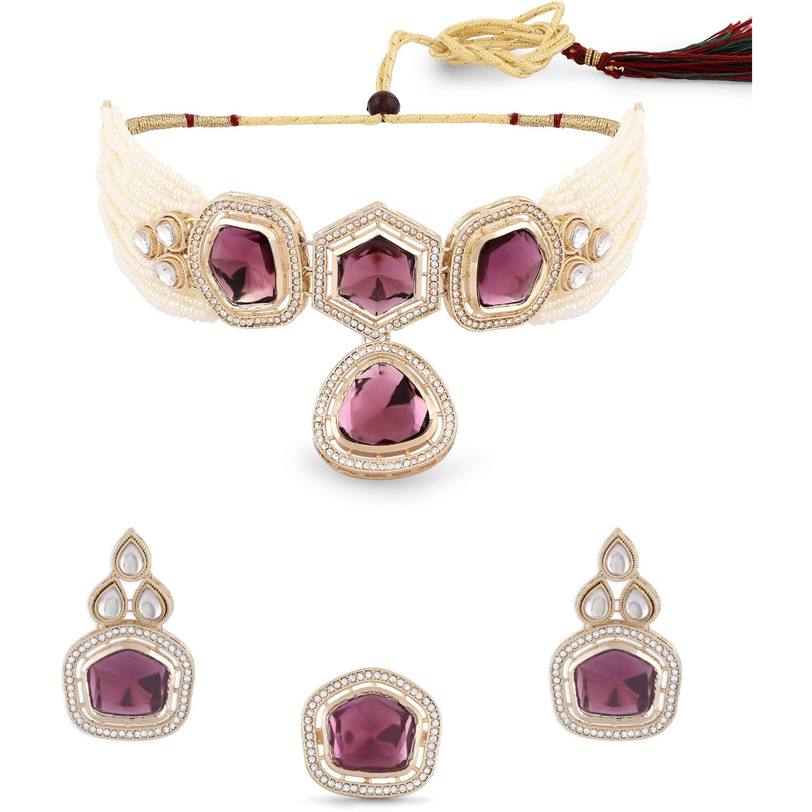 ZAVERI PEARLS Purple Multistrand Kundan Stones & Beads Choker Necklace Earring & Ring Set For Women-ZPFK16580