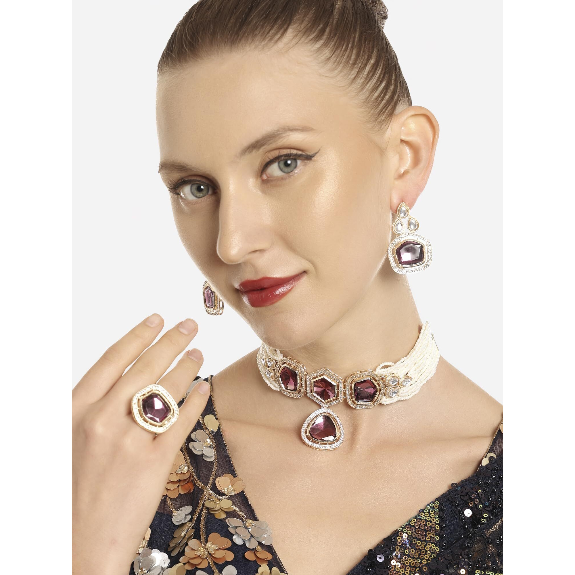 ZAVERI PEARLS Purple Multistrand Kundan Stones & Beads Choker Necklace Earring & Ring Set For Women-ZPFK16580