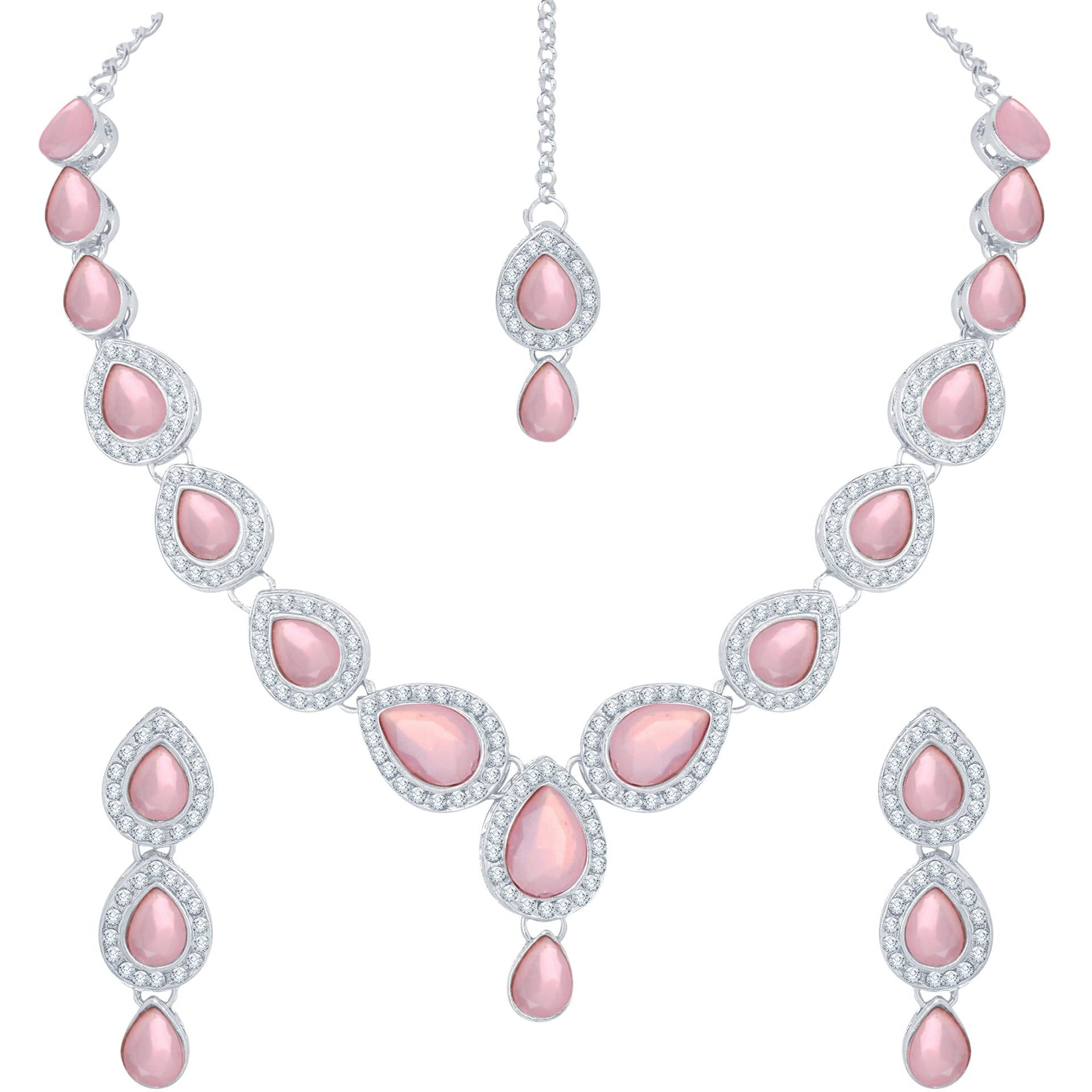 Atasi International Pink Color Crystals Silver Plated Kundan Necklace Jewellery Set with Earrings and Maang Tikka for Party, Wedding, Engagement (MNP1784)