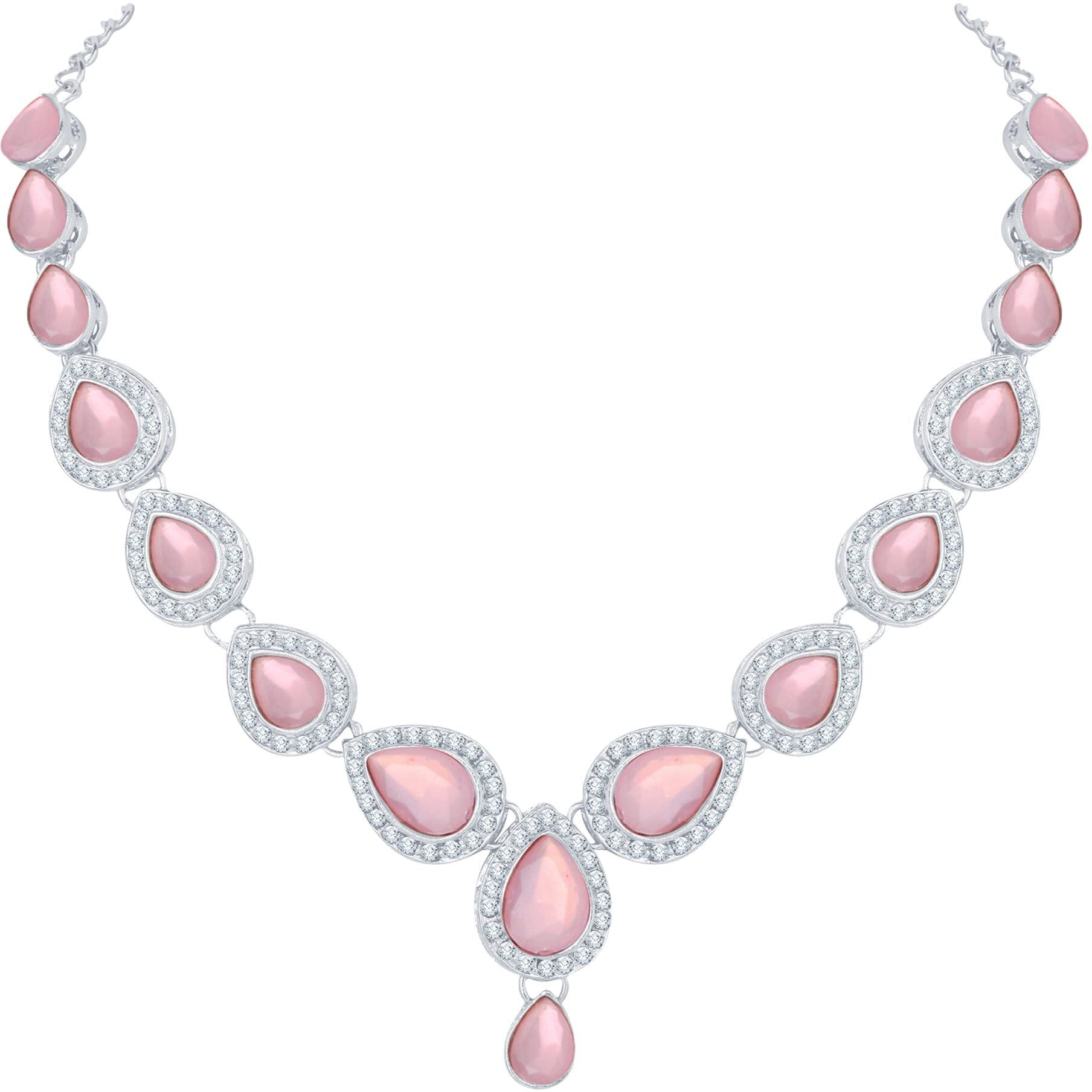 Atasi International Pink Color Crystals Silver Plated Kundan Necklace Jewellery Set with Earrings and Maang Tikka for Party, Wedding, Engagement (MNP1784)