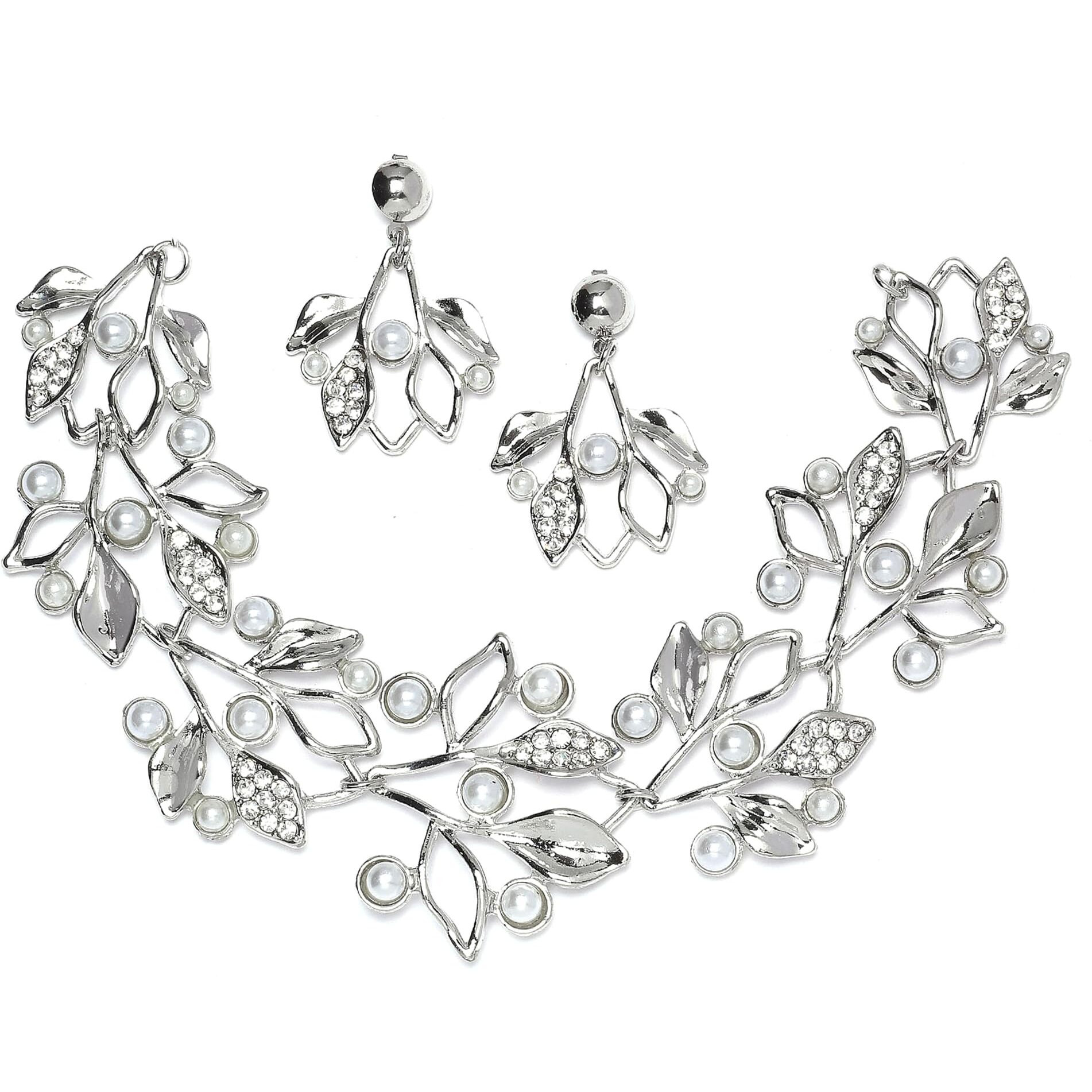 ZENEME Oxidised Silver-Plated Cubic Zirconia & White Pearls Studded Leaf Shaped Necklace With Earrings Jewellery Set For Girls and Women (White)