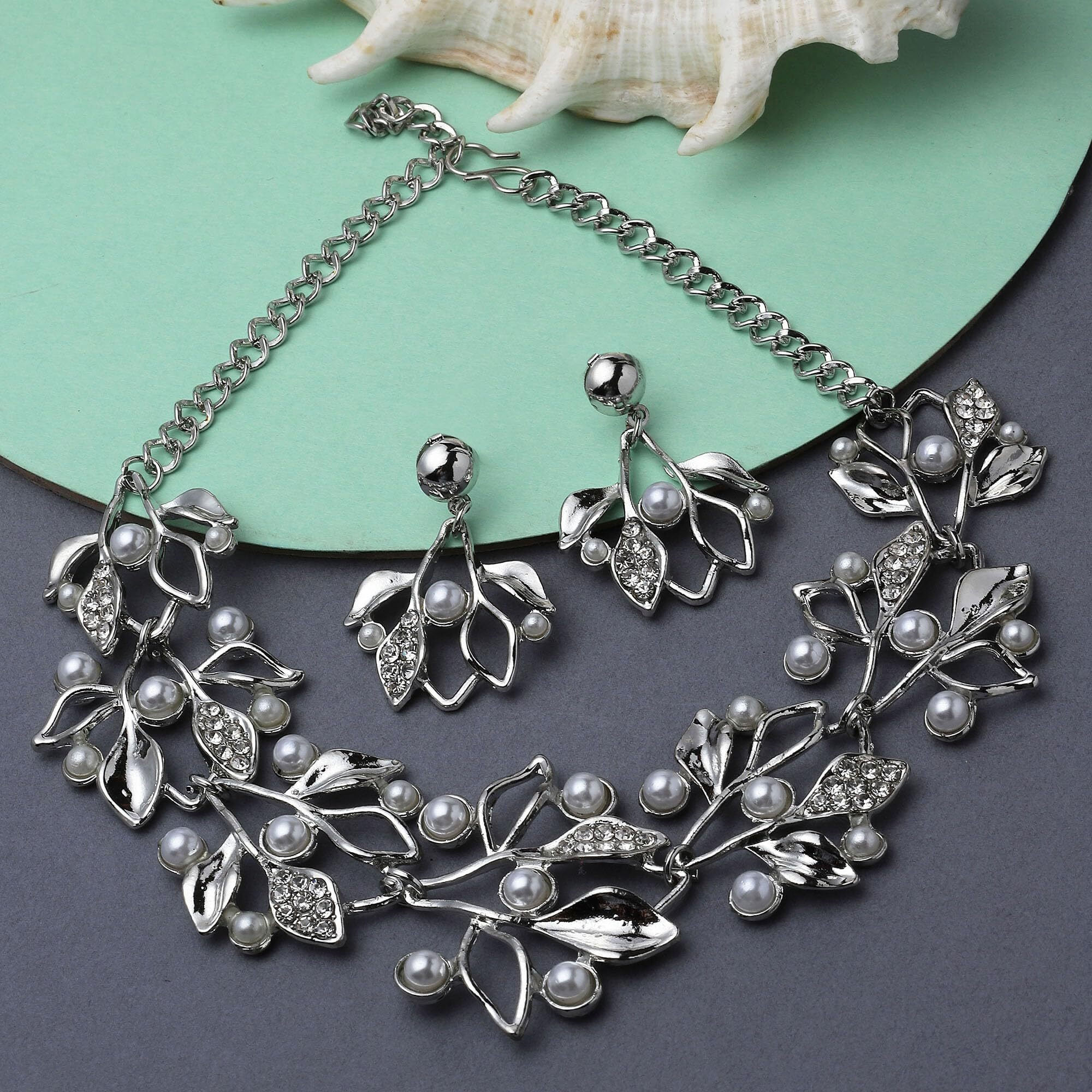 ZENEME Oxidised Silver-Plated Cubic Zirconia & White Pearls Studded Leaf Shaped Necklace With Earrings Jewellery Set For Girls and Women (White)