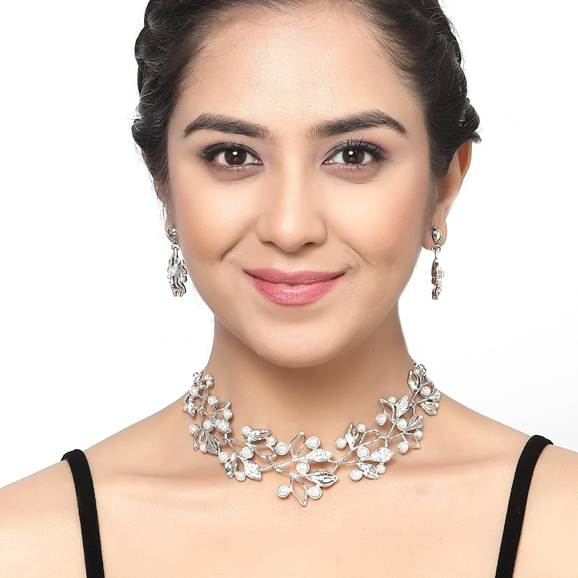ZENEME Oxidised Silver-Plated Cubic Zirconia & White Pearls Studded Leaf Shaped Necklace With Earrings Jewellery Set For Girls and Women (White)