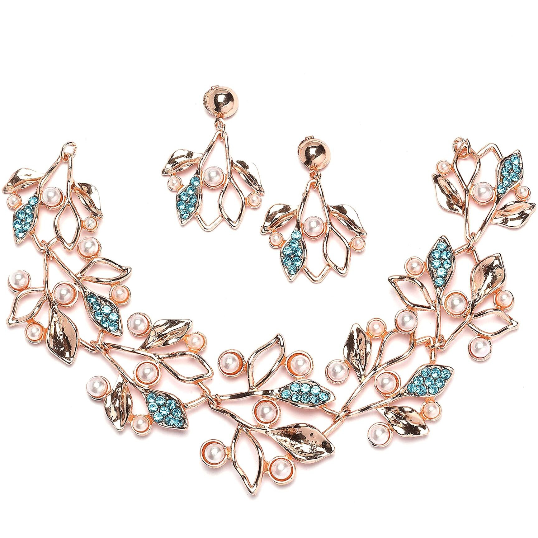 ZENEME Oxidised Silver-Plated Cubic Zirconia & White Pearls Studded Leaf Shaped Necklace With Earrings Jewellery Set For Girls and Women (Rose Glod Blue)