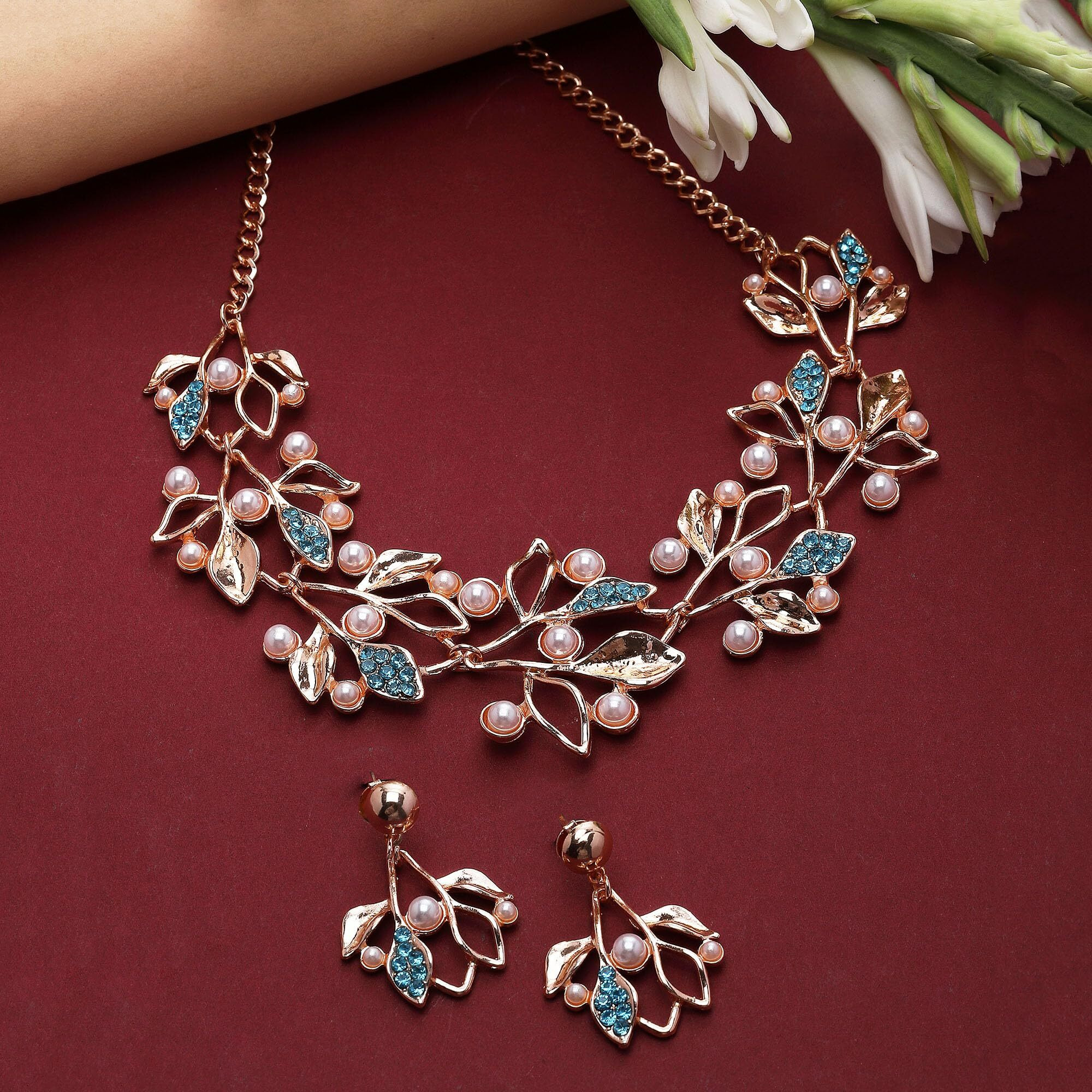 ZENEME Oxidised Silver-Plated Cubic Zirconia & White Pearls Studded Leaf Shaped Necklace With Earrings Jewellery Set For Girls and Women (Rose Glod Blue)