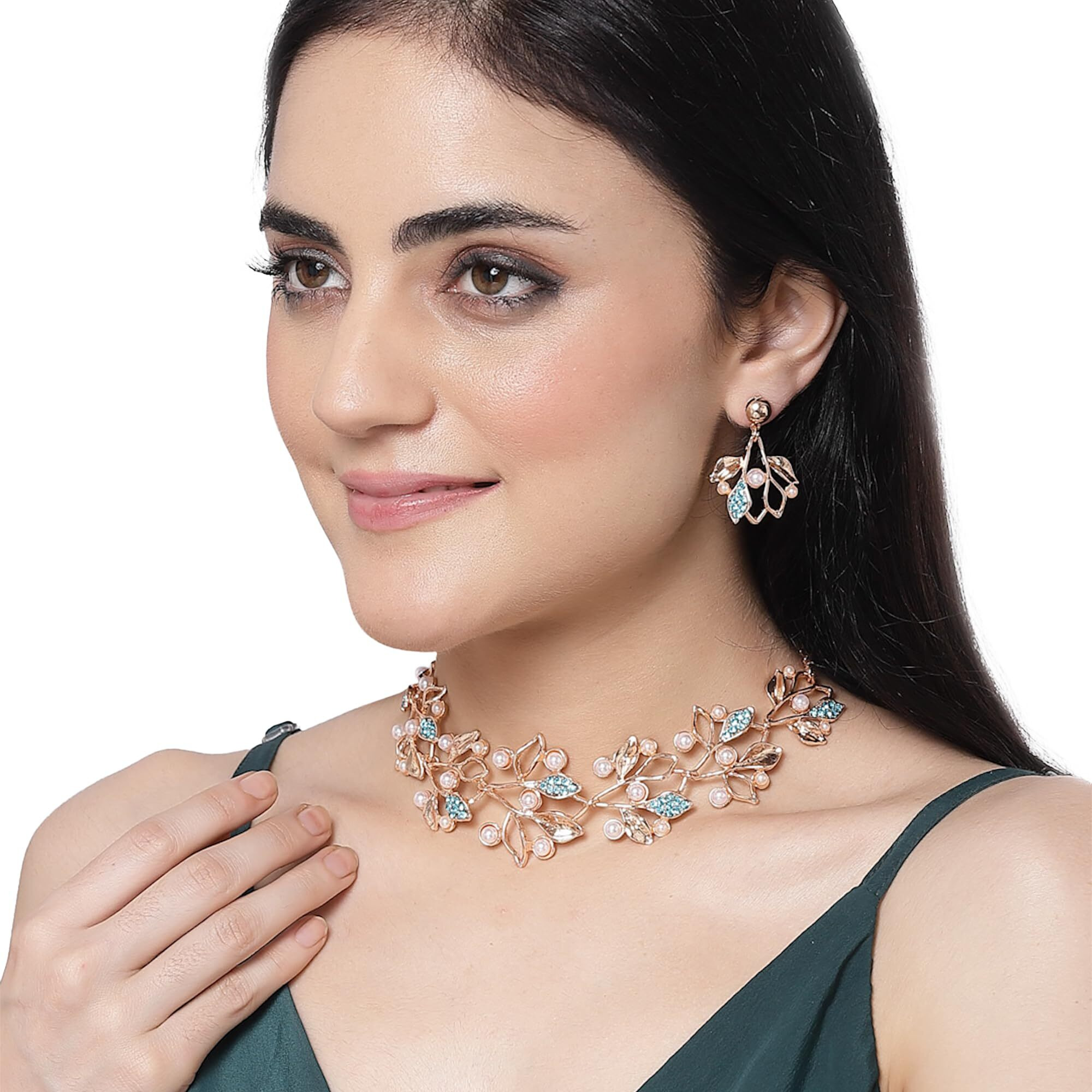 ZENEME Oxidised Silver-Plated Cubic Zirconia & White Pearls Studded Leaf Shaped Necklace With Earrings Jewellery Set For Girls and Women (Rose Glod Blue)