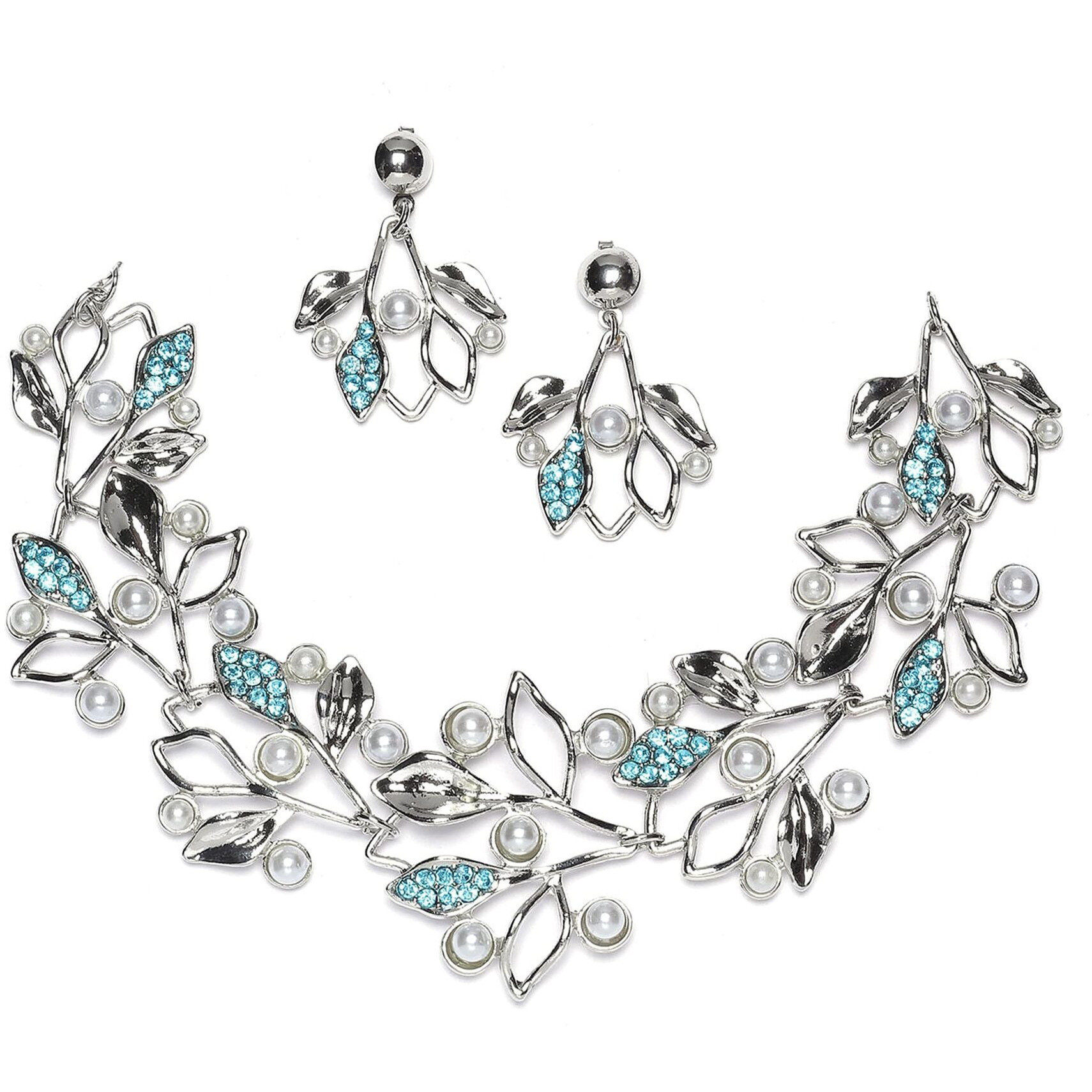 ZENEME Oxidised Silver-Plated Cubic Zirconia & White Pearls Studded Leaf Shaped Necklace With Earrings Jewellery Set For Girls and Women (Blue)