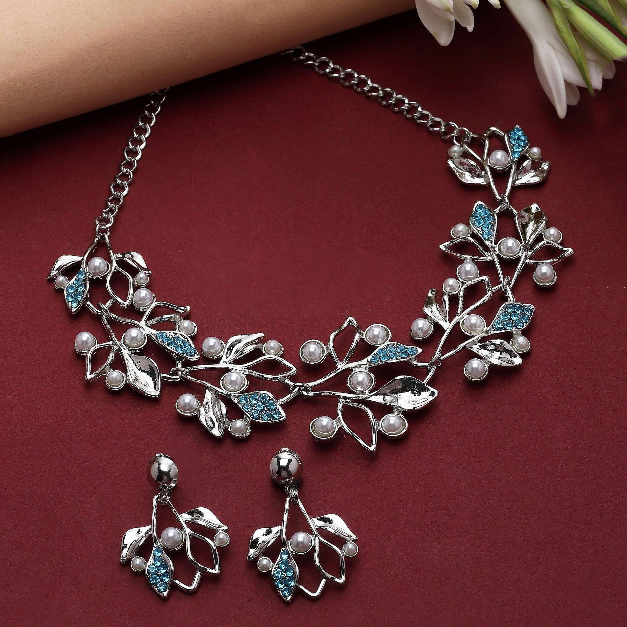 ZENEME Oxidised Silver-Plated Cubic Zirconia & White Pearls Studded Leaf Shaped Necklace With Earrings Jewellery Set For Girls and Women (Blue)