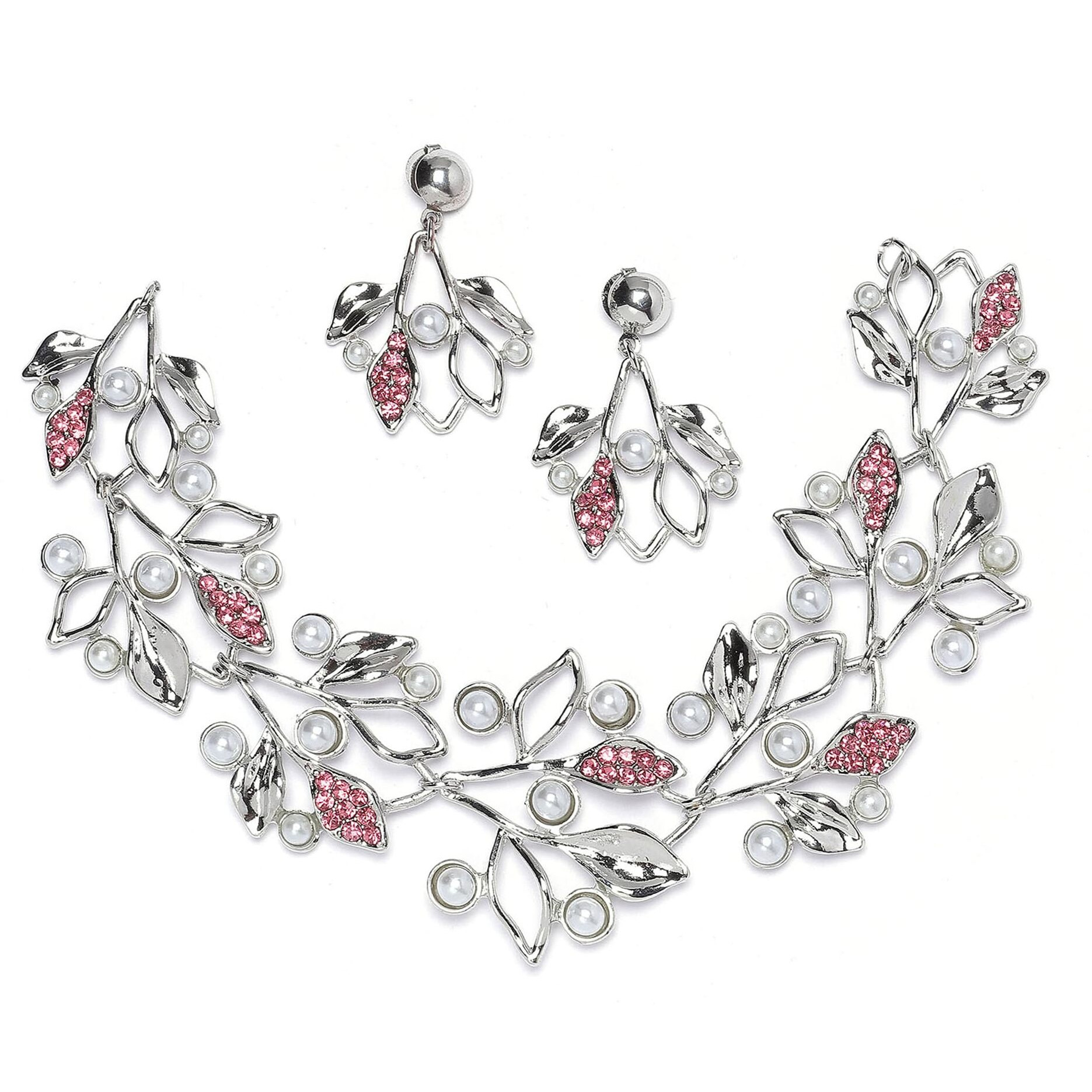 ZENEME Oxidised Silver-Plated Cubic Zirconia & White Pearls Studded Leaf Shaped Necklace With Earrings Jewellery Set For Girls and Women (Pink)