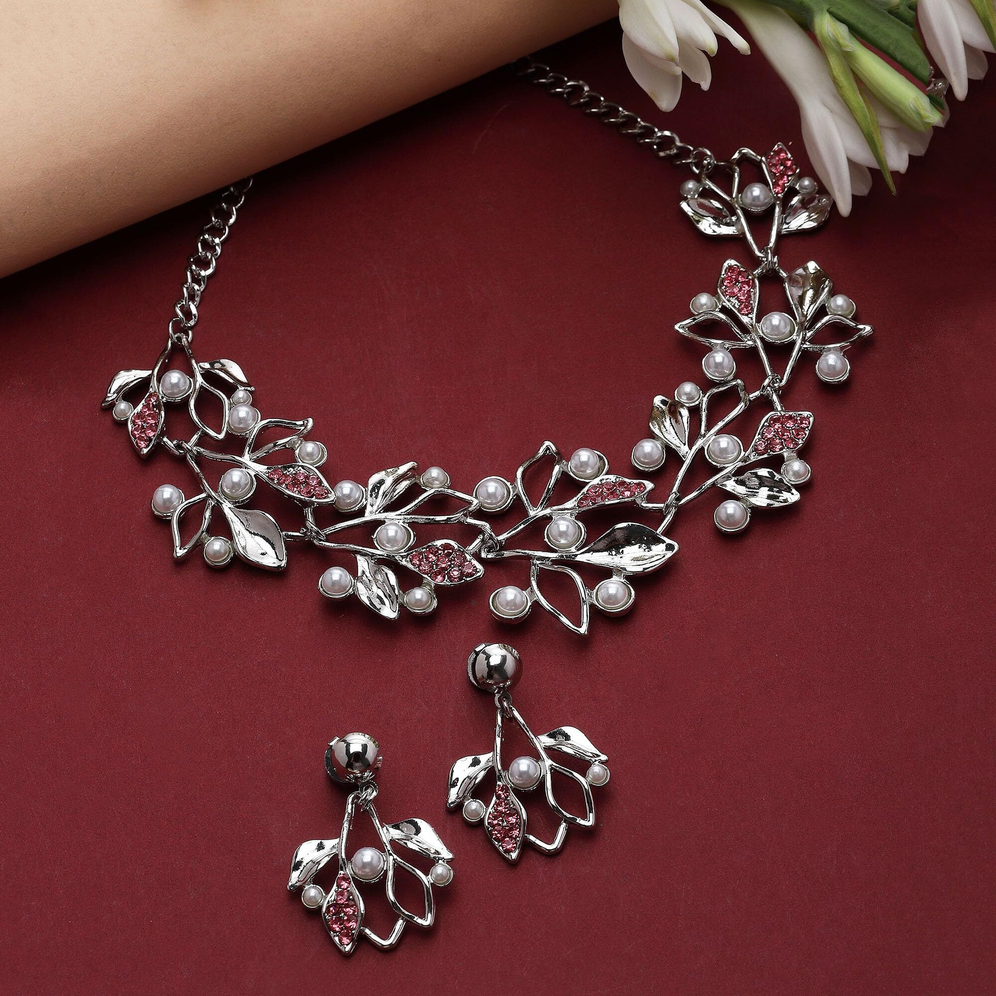 ZENEME Oxidised Silver-Plated Cubic Zirconia & White Pearls Studded Leaf Shaped Necklace With Earrings Jewellery Set For Girls and Women (Pink)