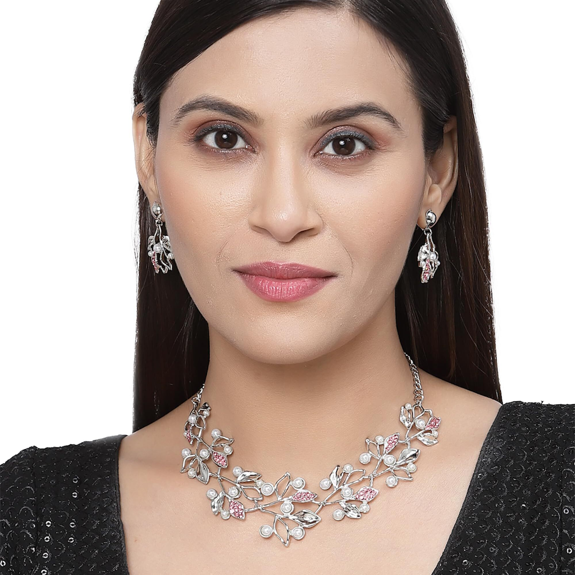 ZENEME Oxidised Silver-Plated Cubic Zirconia & White Pearls Studded Leaf Shaped Necklace With Earrings Jewellery Set For Girls and Women (Pink)