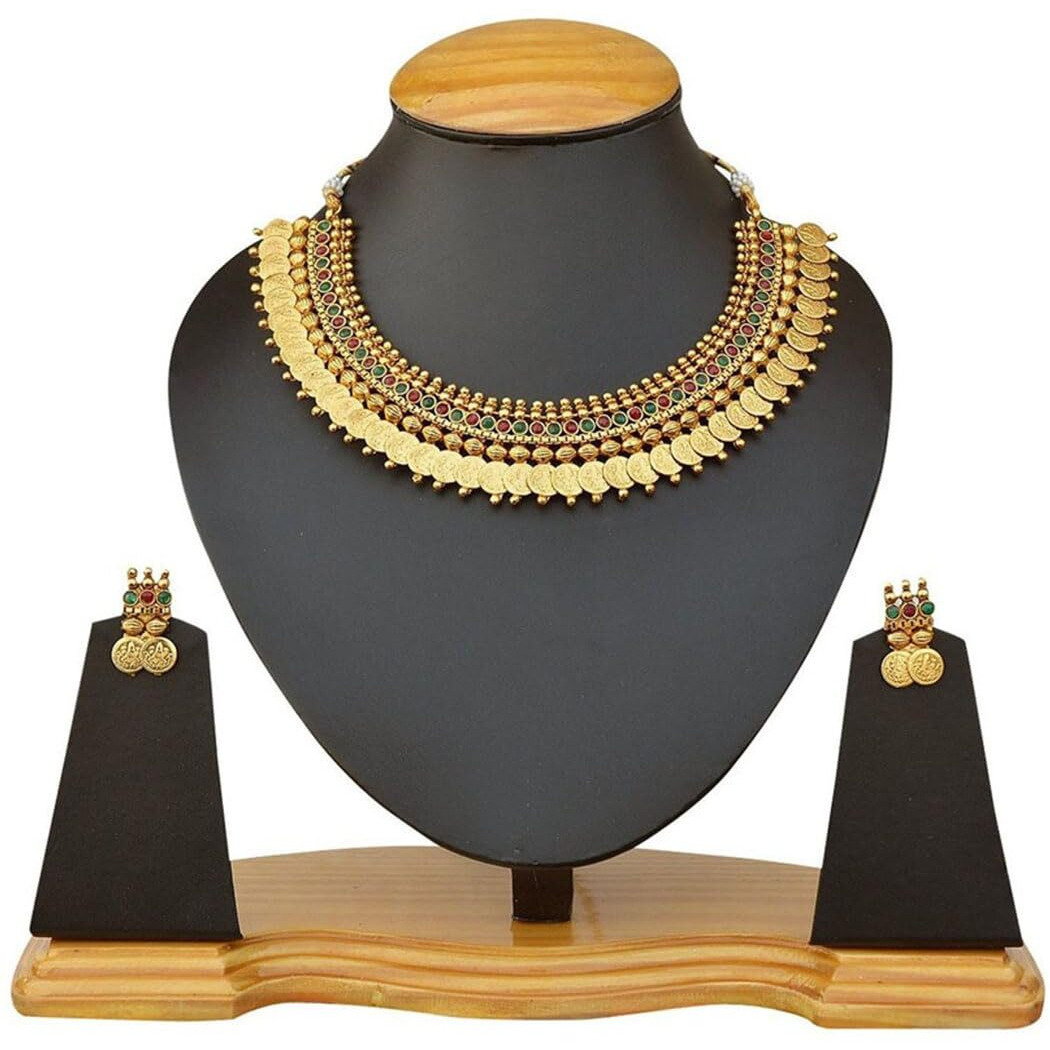 YouBella Jewellery Set for women Traditional Red and Green Temple coin Ginni Choker Necklace Set/Jewellery Set with Earrings for Women