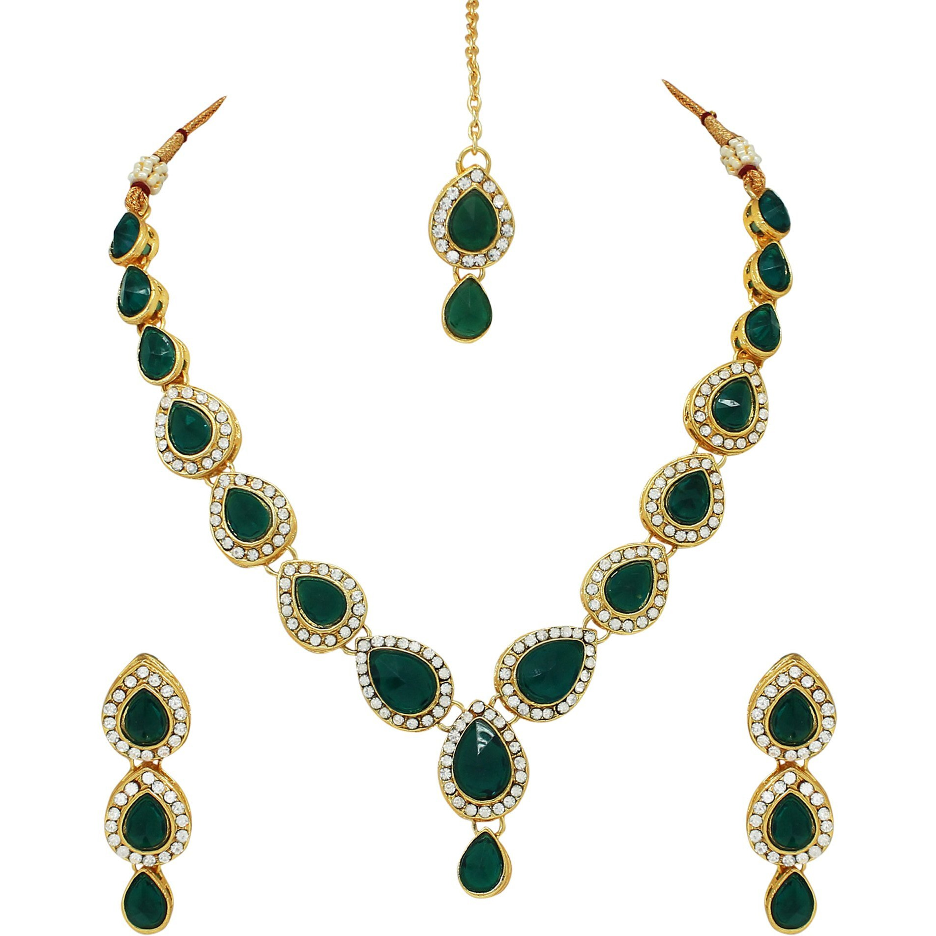 Atasi International Green Stone Gold Plated Alloy Necklace Necklace with Earrings and Maang Tikka for Women - Jewellery Set for Party, Wedding, Engagement