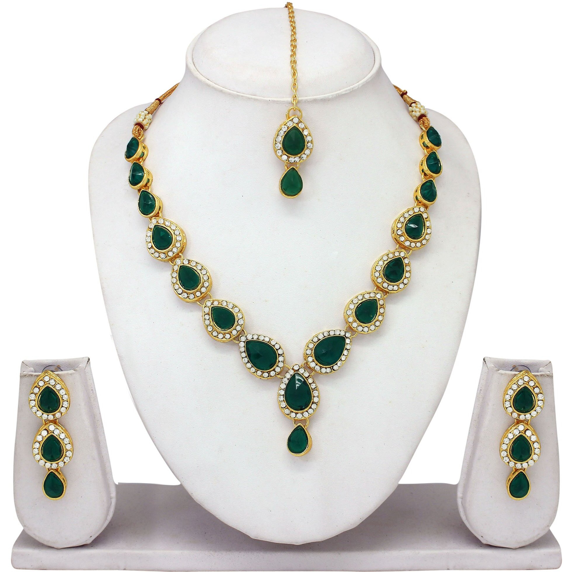 Atasi International Green Stone Gold Plated Alloy Necklace Necklace with Earrings and Maang Tikka for Women - Jewellery Set for Party, Wedding, Engagement