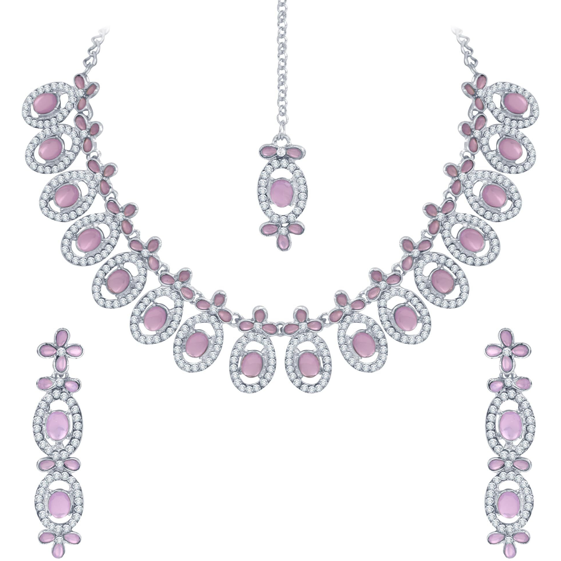 Atasi International Silver Plated Light Purple Kundan Crystals AD Diamond Necklace Jewellery Set for Women, Girls (RLP5448)