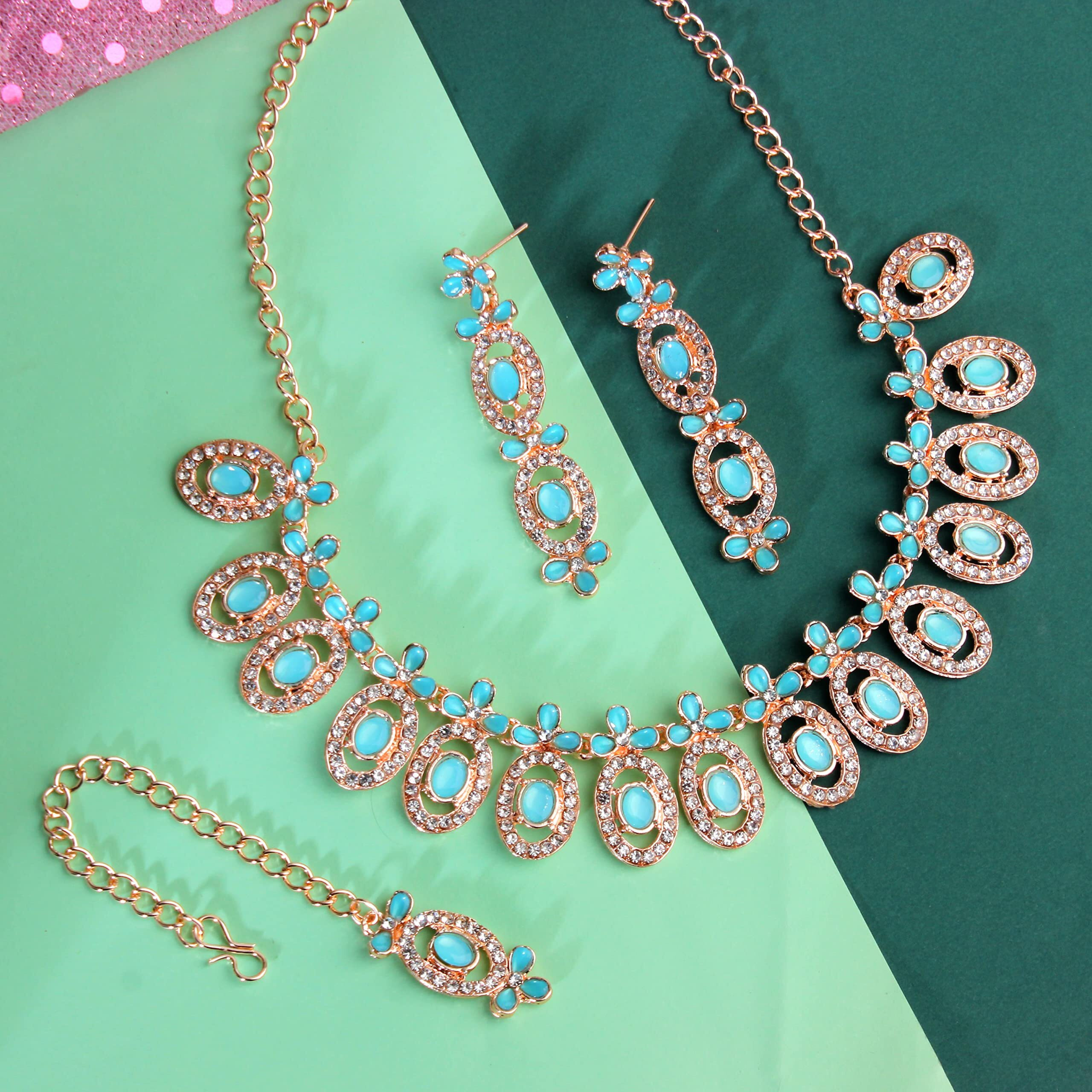 Atasi International Rose Gold Plated Mint Blue Diamond Necklace with Earrings and Maang Tikka for Women - Jewellery Set for Party, Wedding, Engagement (RGB5448)