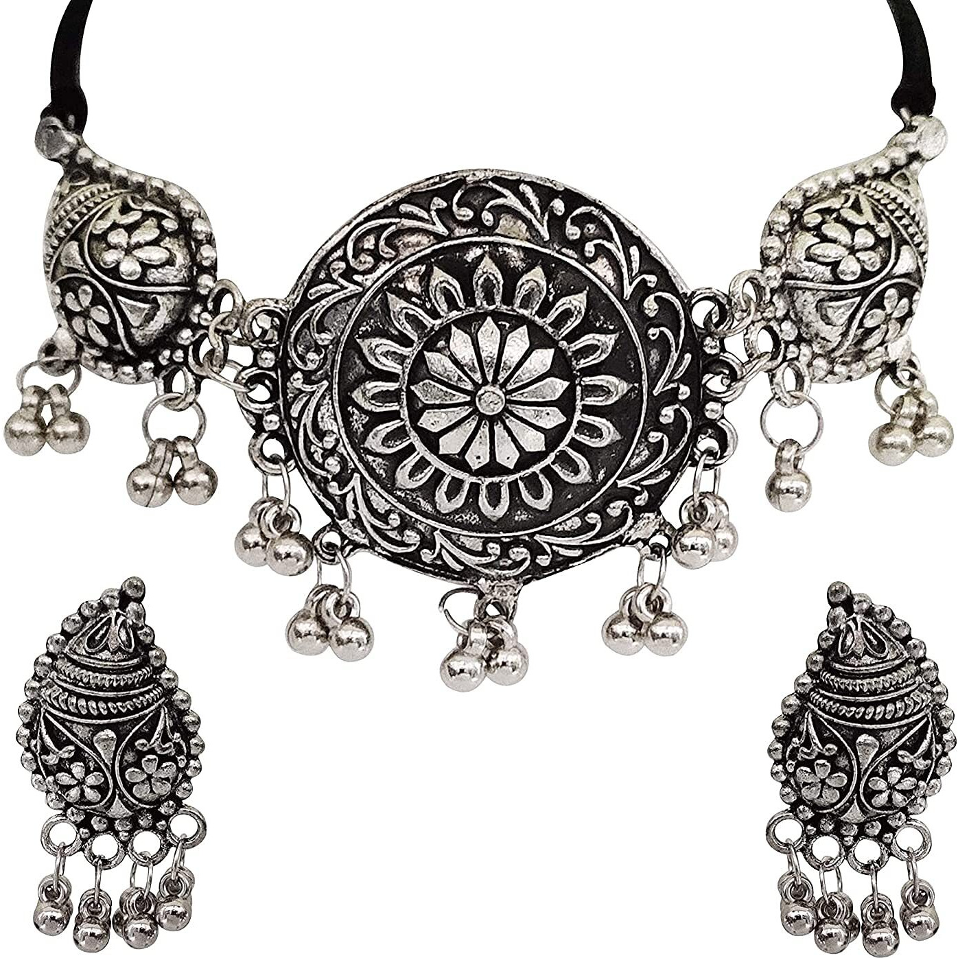 Shining Diva Fashion Latest Stylish Traditional Oxidised Silver Necklace Jewellery Set for Women (13117s)