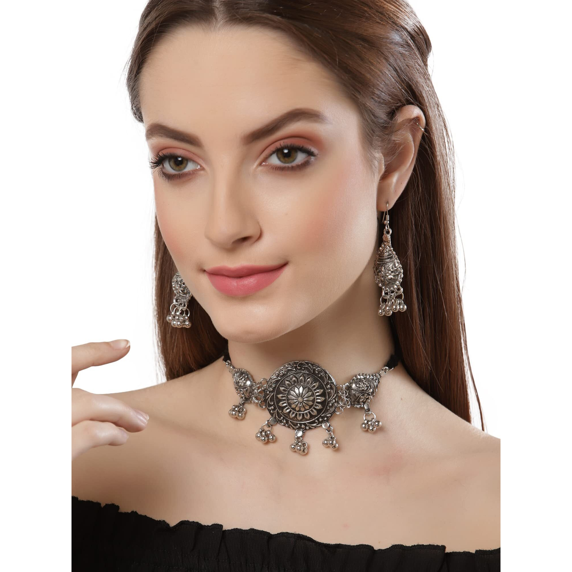 Shining Diva Fashion Latest Stylish Traditional Oxidised Silver Necklace Jewellery Set for Women (13117s)