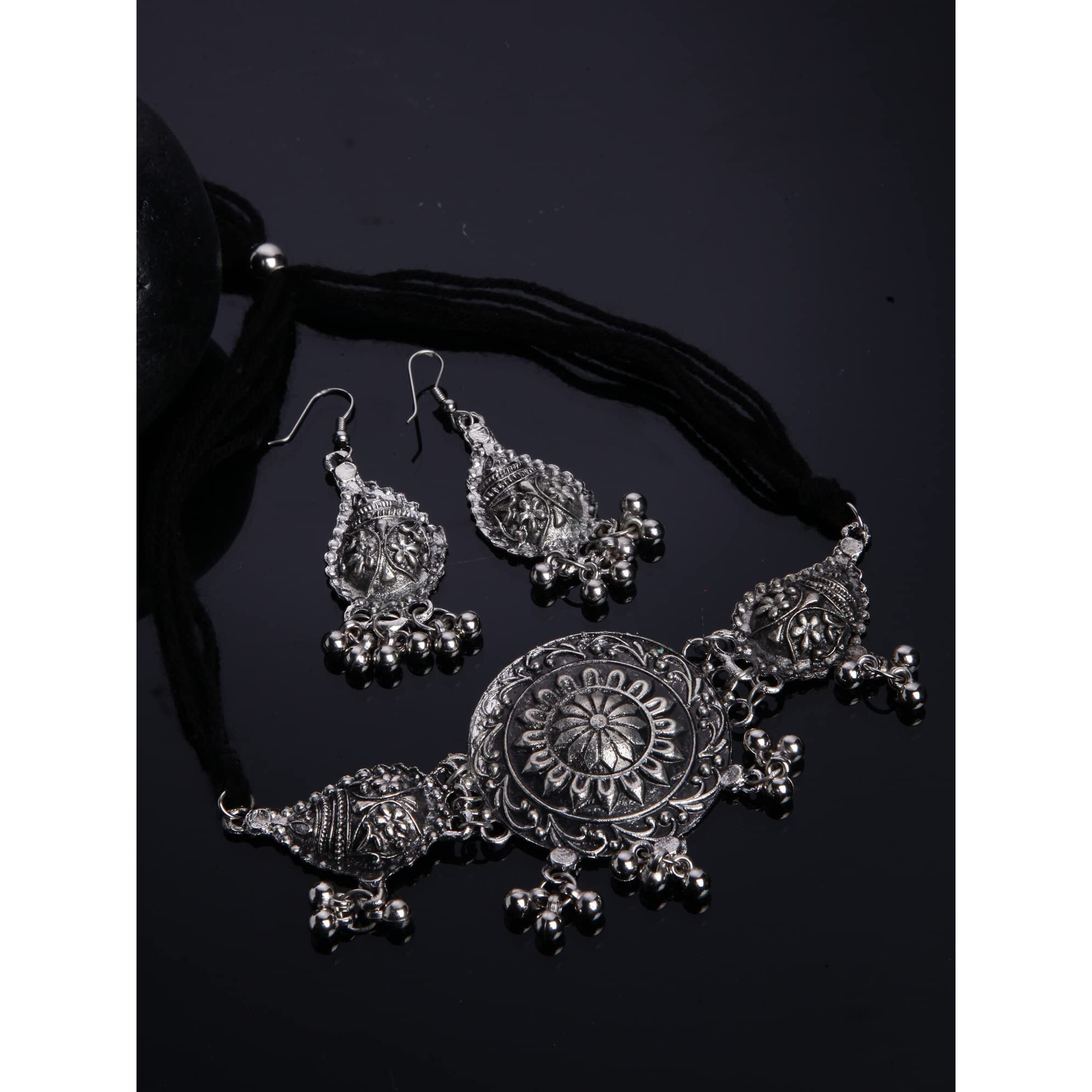 Shining Diva Fashion Latest Stylish Traditional Oxidised Silver Necklace Jewellery Set for Women (13117s)